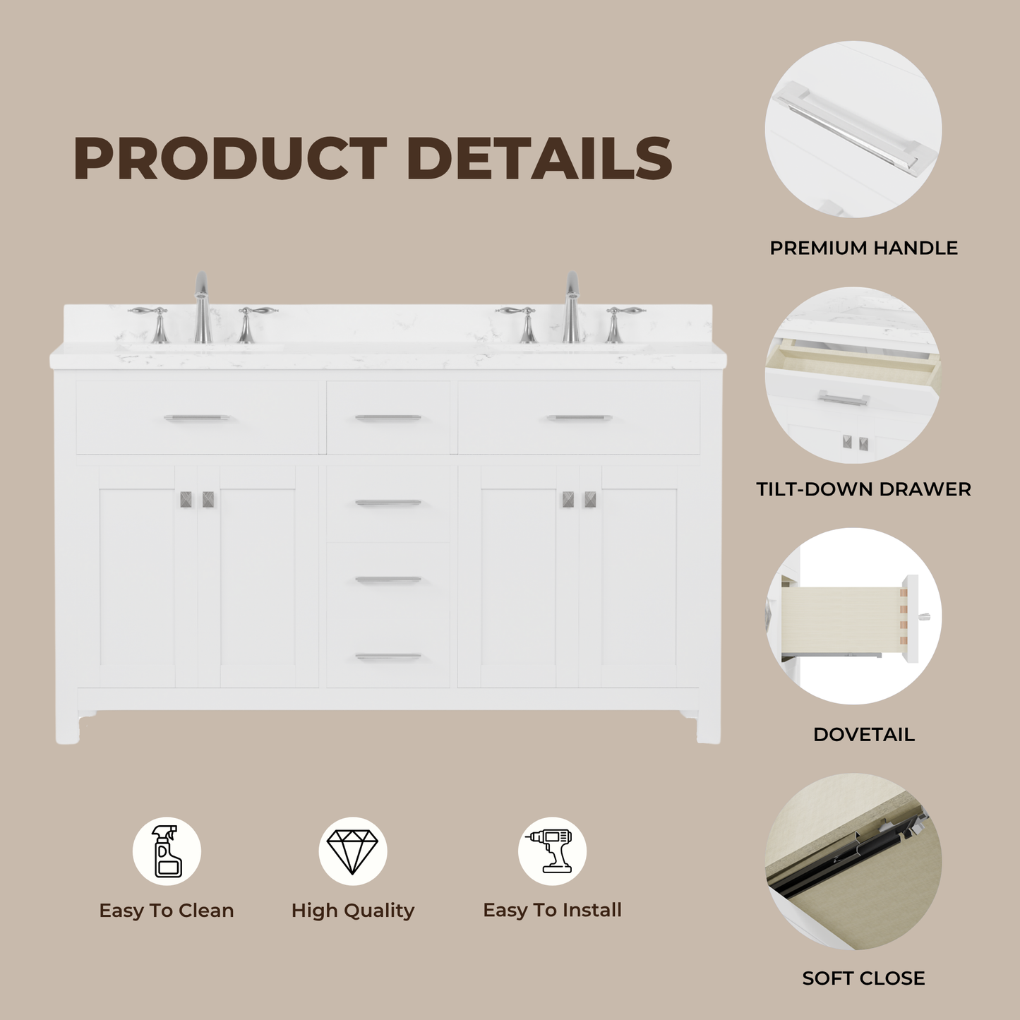 Caroline 60" Double Bath Vanity in White with Cultured Marble Quartz Top and Square Sinks