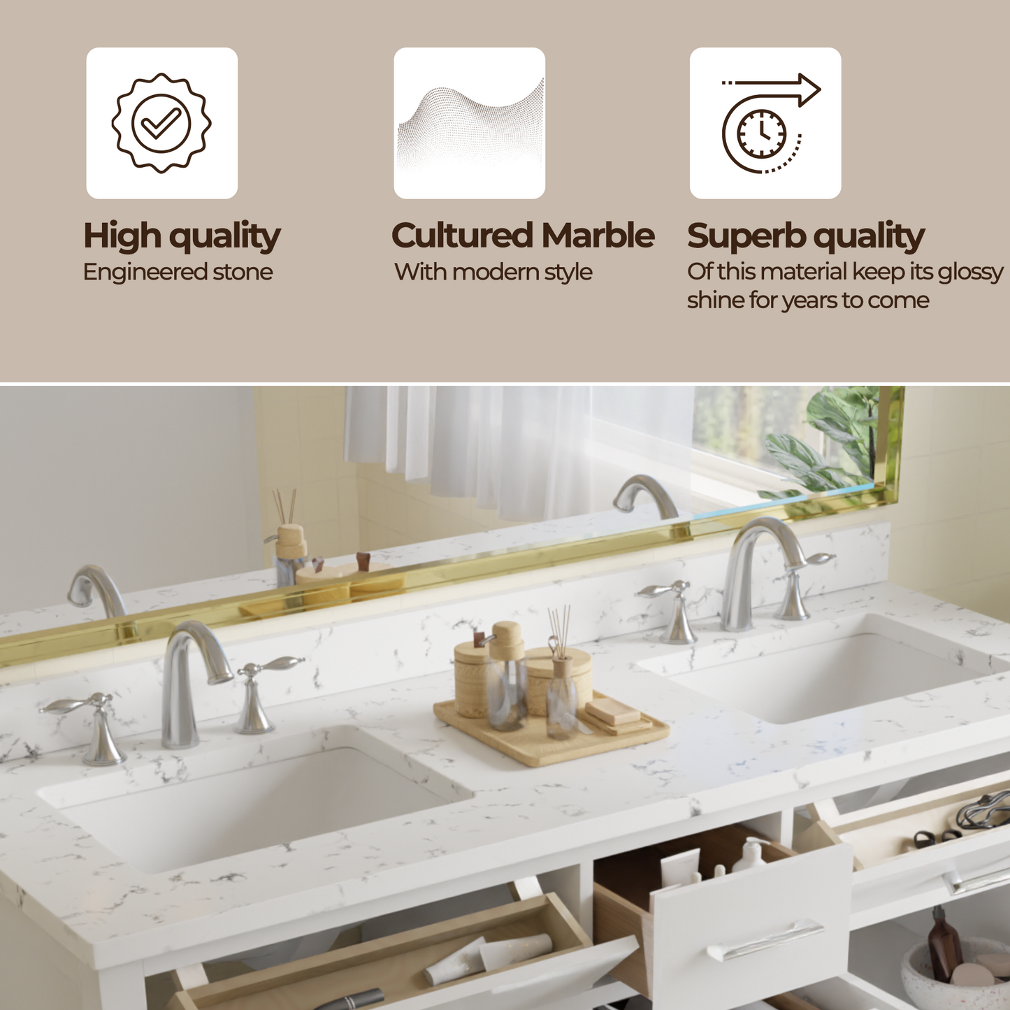 Caroline 60" Double Bath Vanity in White with Cultured Marble Quartz Top and Square Sinks