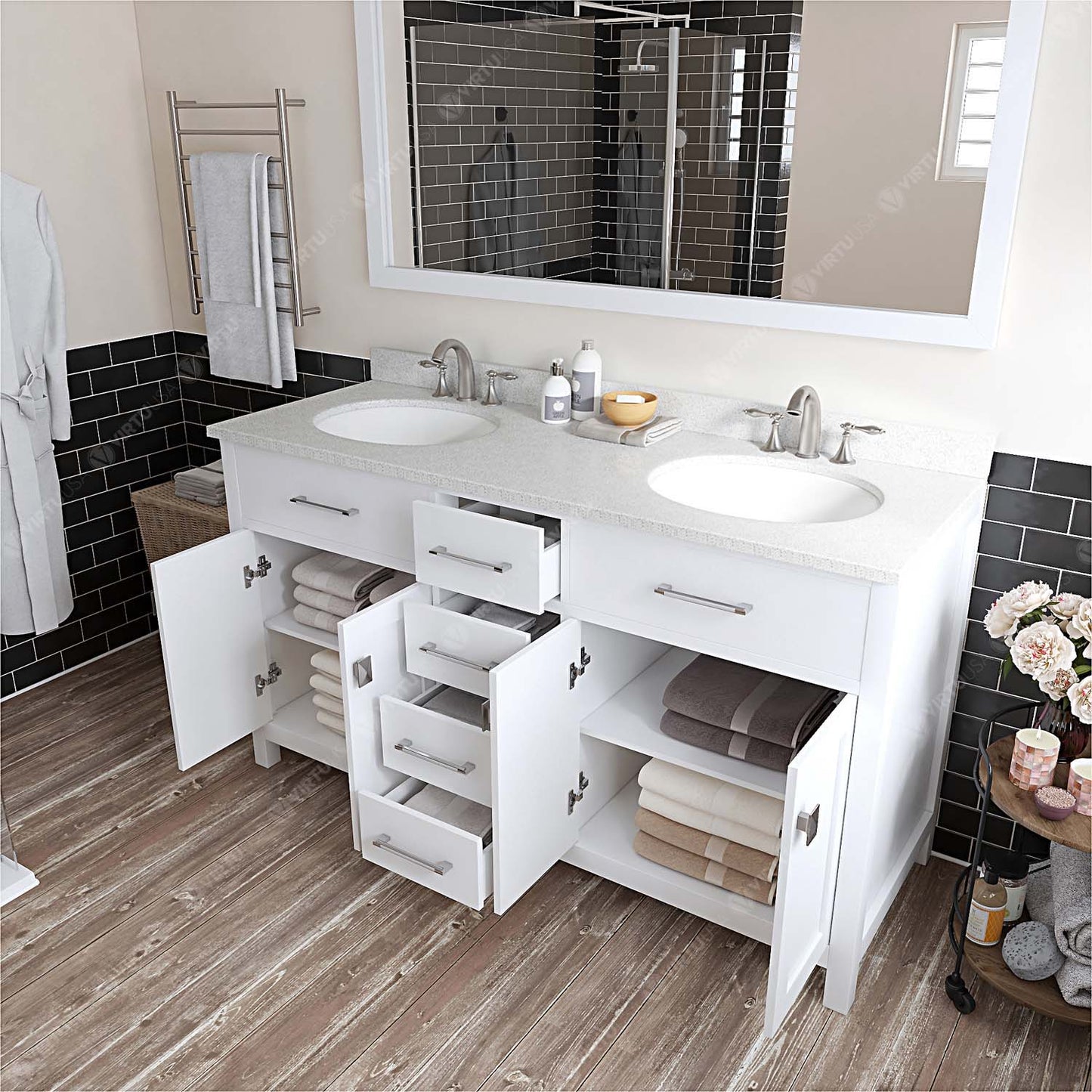 Caroline 60" Double Bath Vanity in White with White Quartz Top and Round Sinks