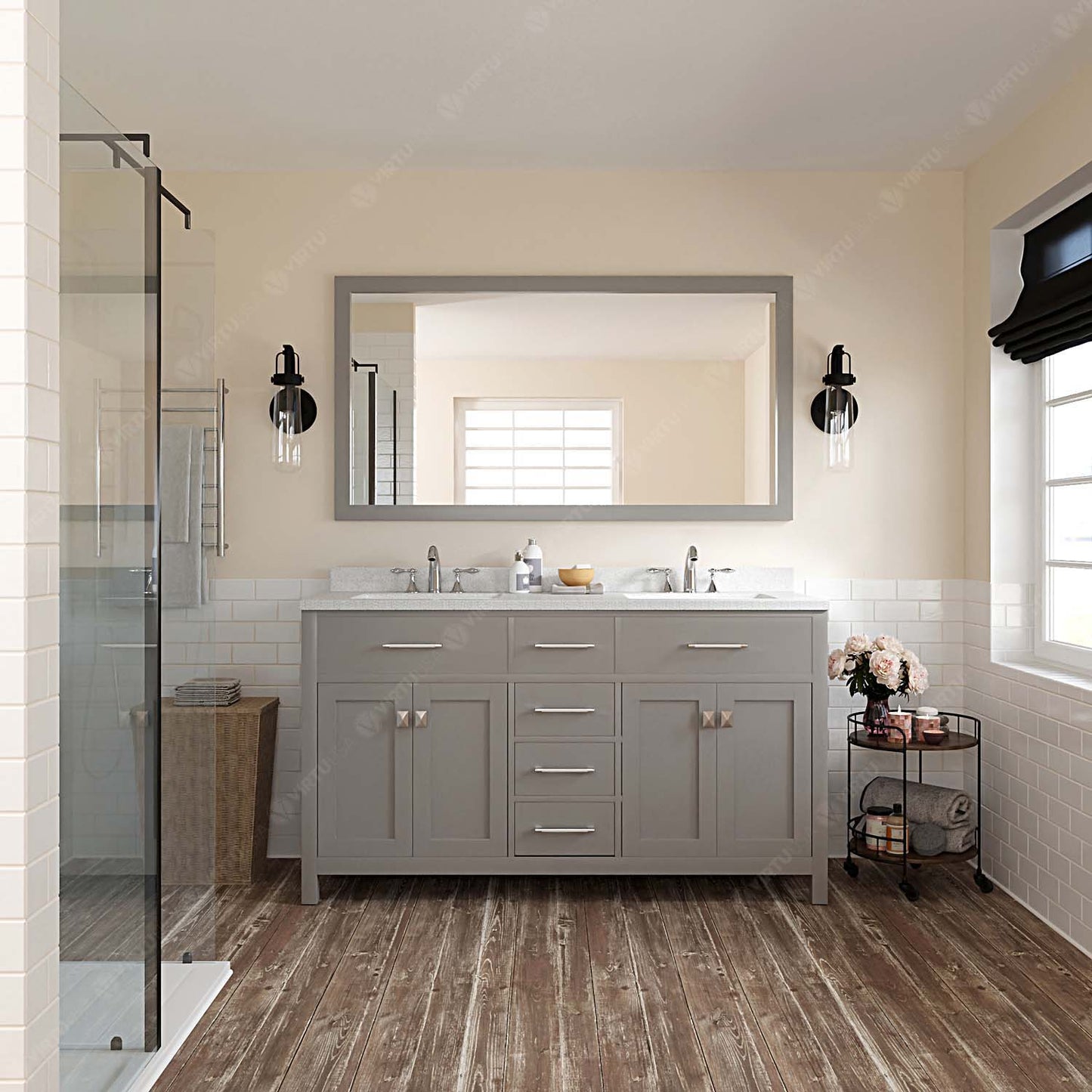 Caroline 60" Double Bath Vanity in Gray with White Quartz Top and Square Sinks