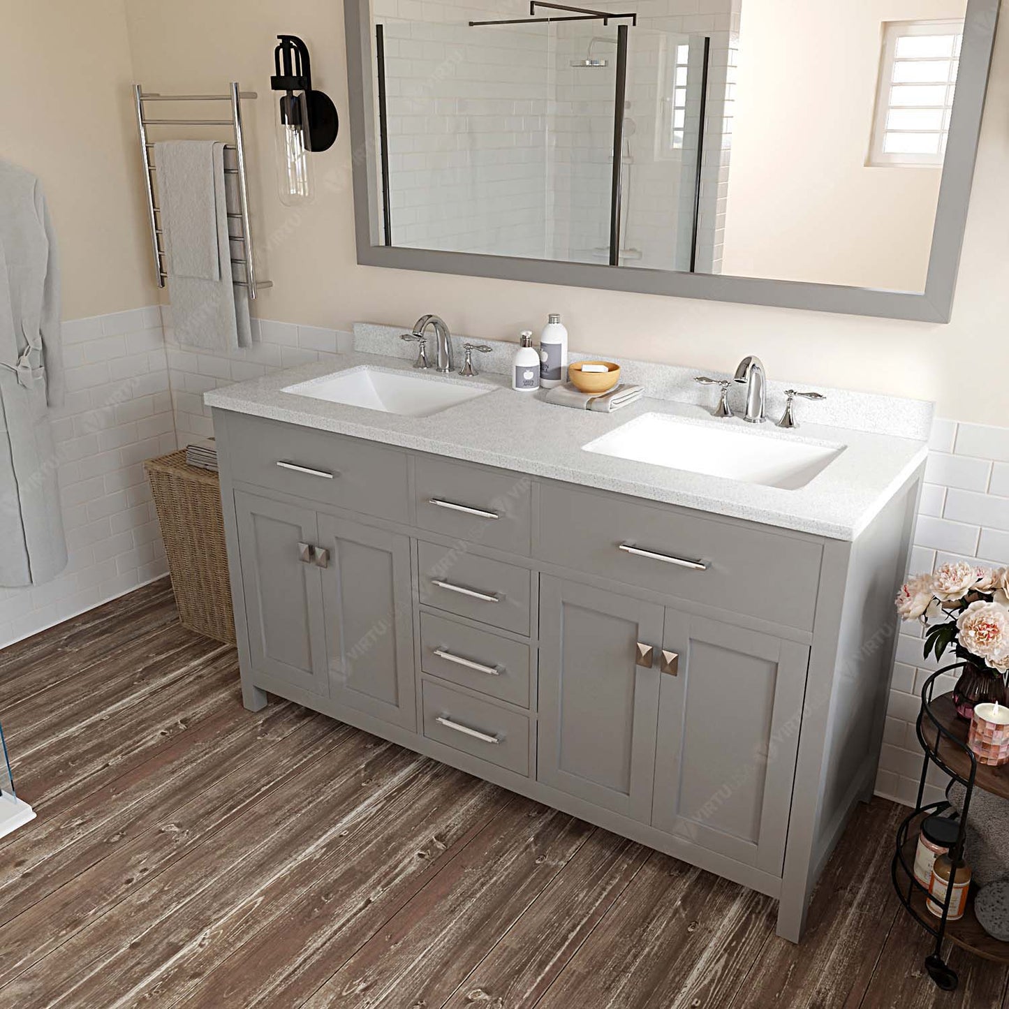 Caroline 60" Double Bath Vanity in Gray with White Quartz Top and Square Sinks