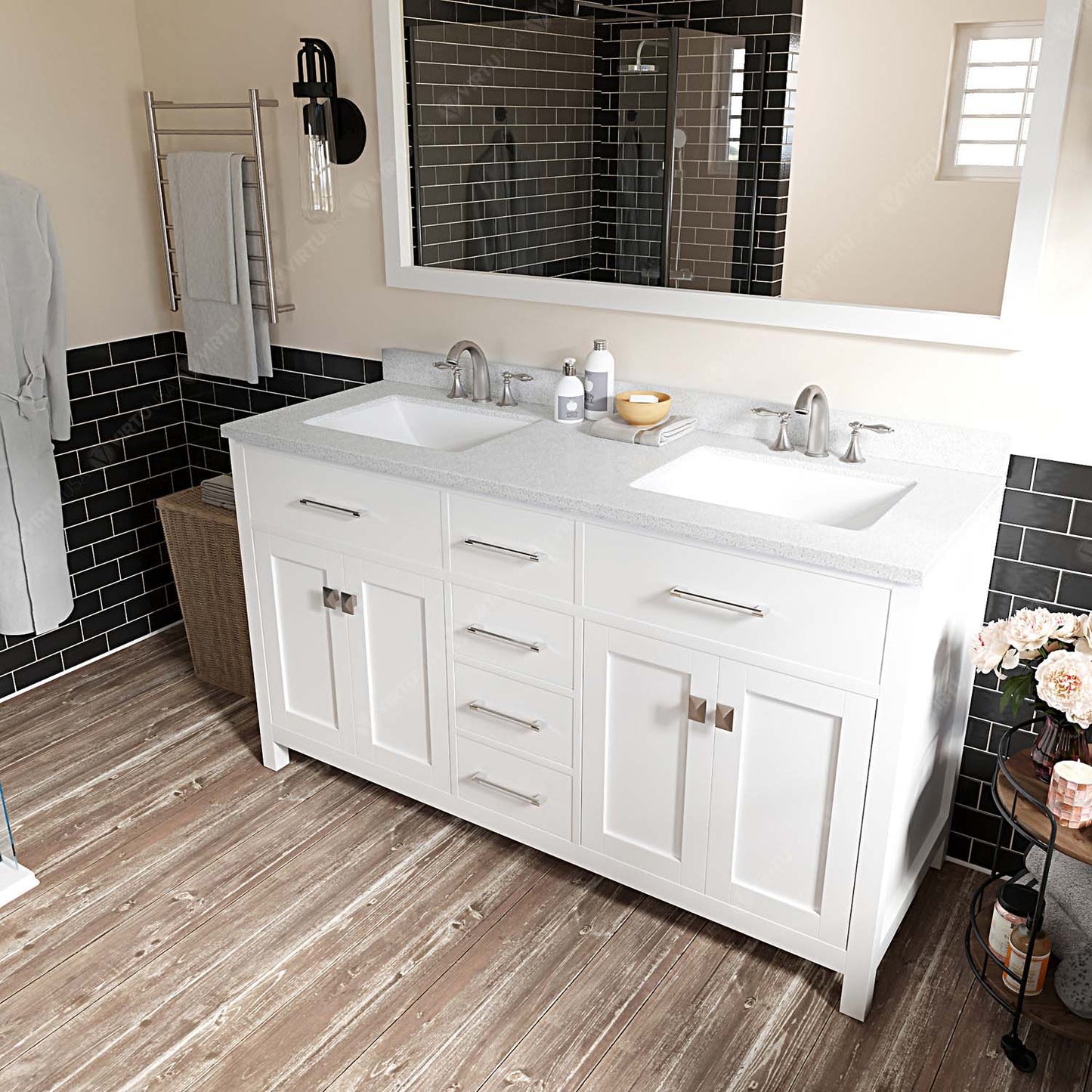 Caroline 60" Double Bath Vanity in White with White Quartz Top and Square Sinks