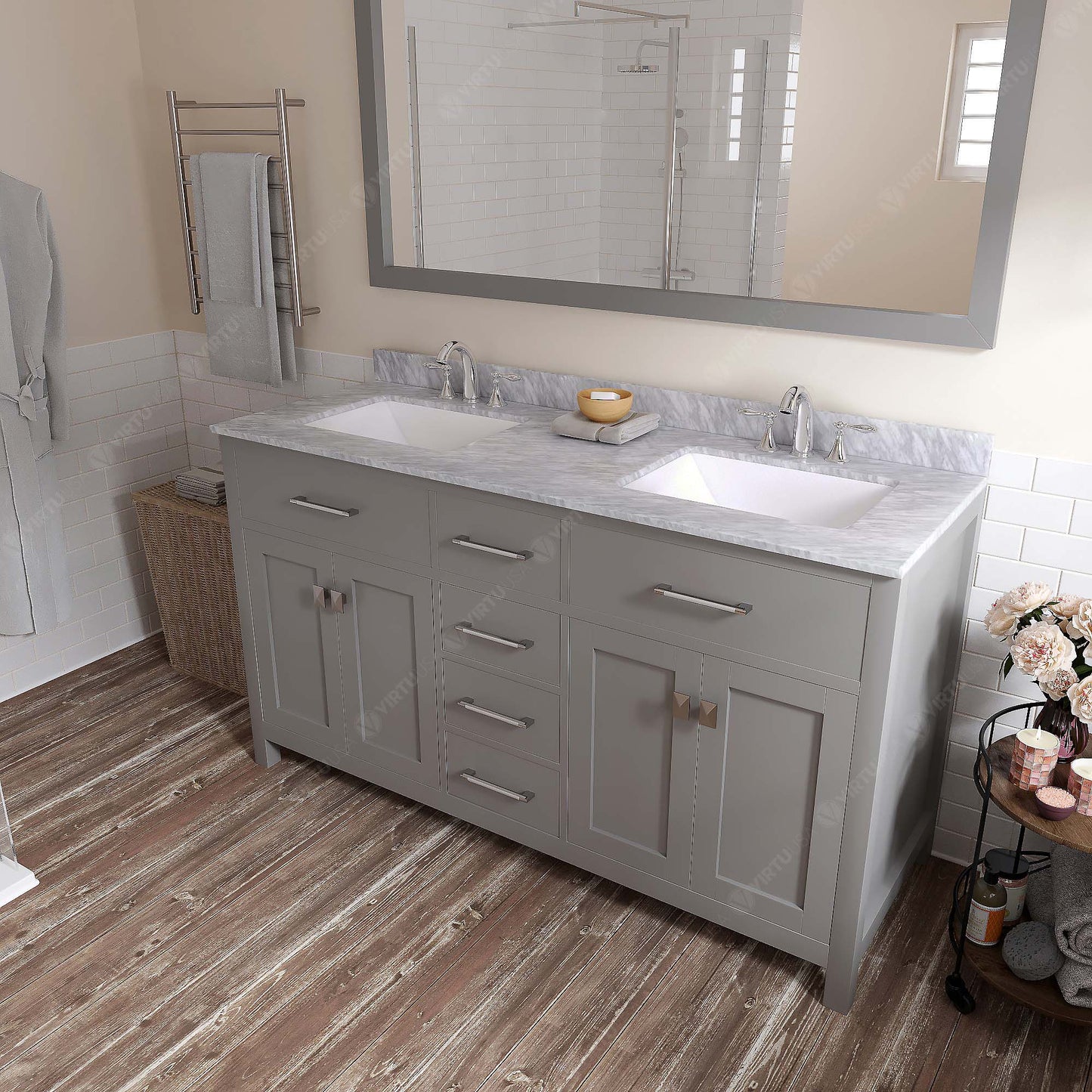 Caroline 60" Double Bath Vanity in Gray with White Marble Top and Square Sinks