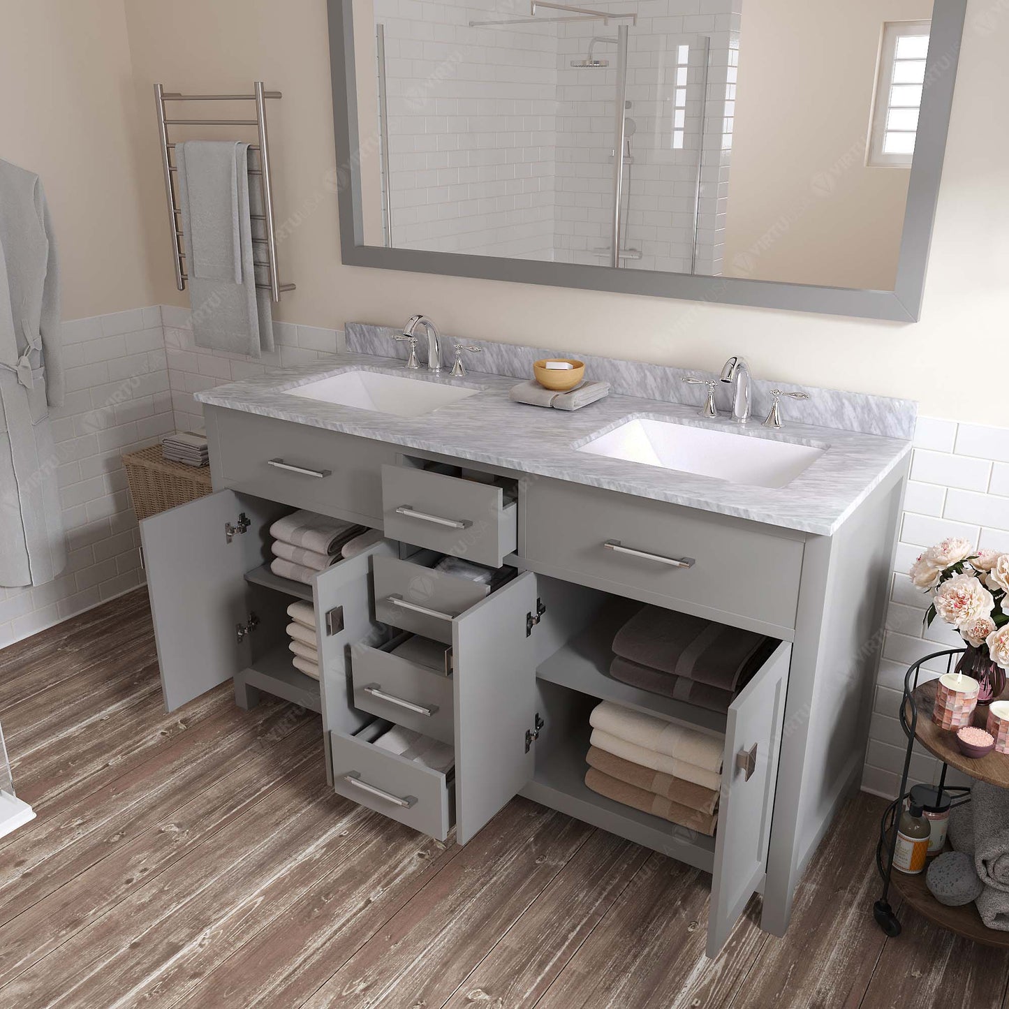 Caroline 60" Double Bath Vanity in Gray with White Marble Top and Square Sinks