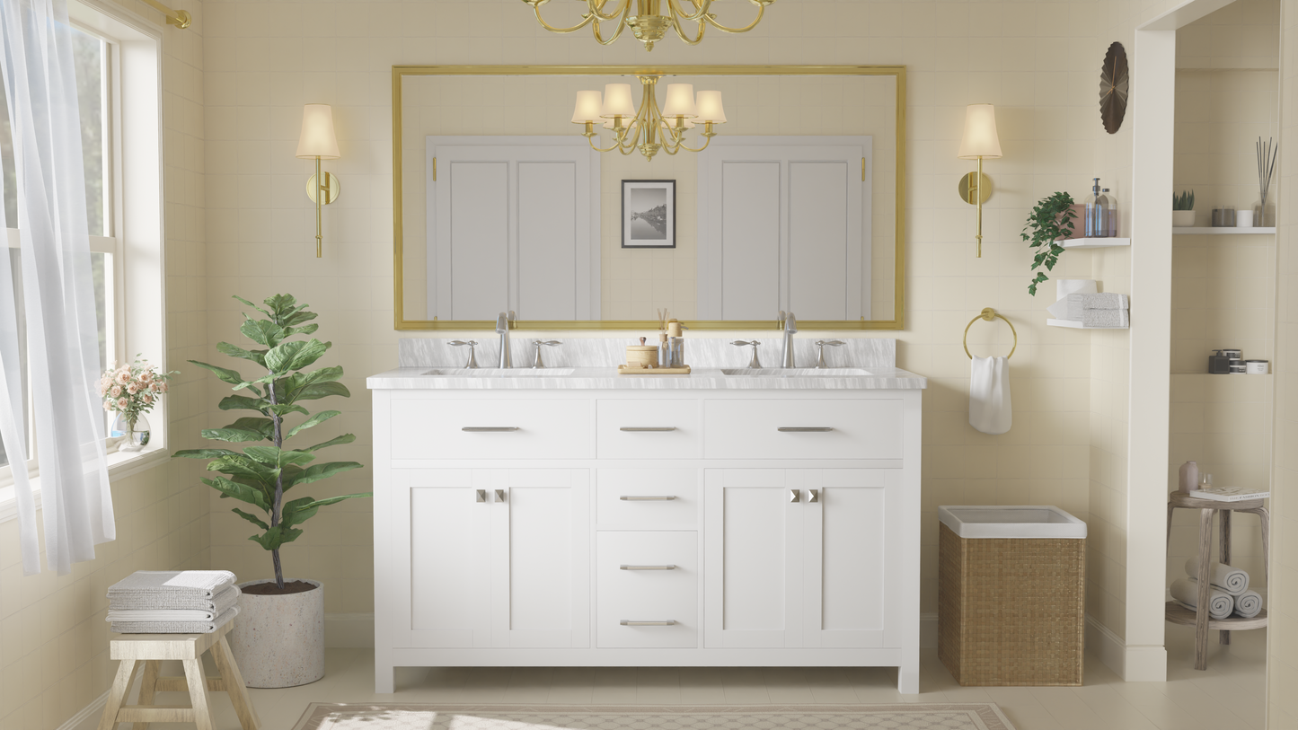 Caroline 60" Double Bath Vanity in White with White Marble Top and Square Sinks