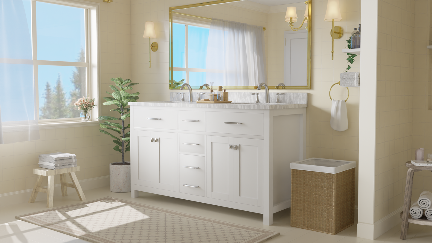 Caroline 60" Double Bath Vanity in White with White Marble Top and Square Sinks