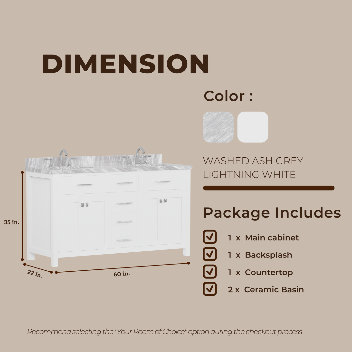 Caroline 60" Double Bath Vanity in White with White Marble Top and Square Sinks
