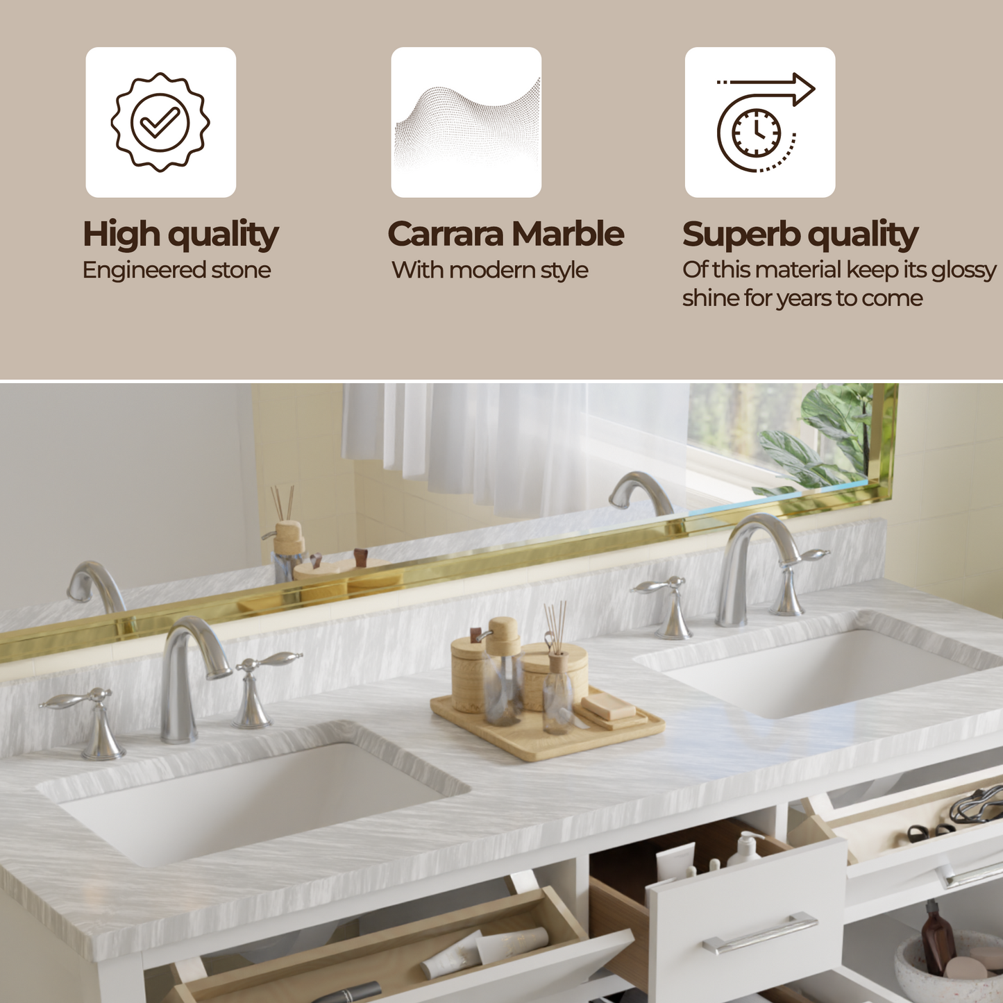 Caroline 60" Double Bath Vanity in White with White Marble Top and Square Sinks