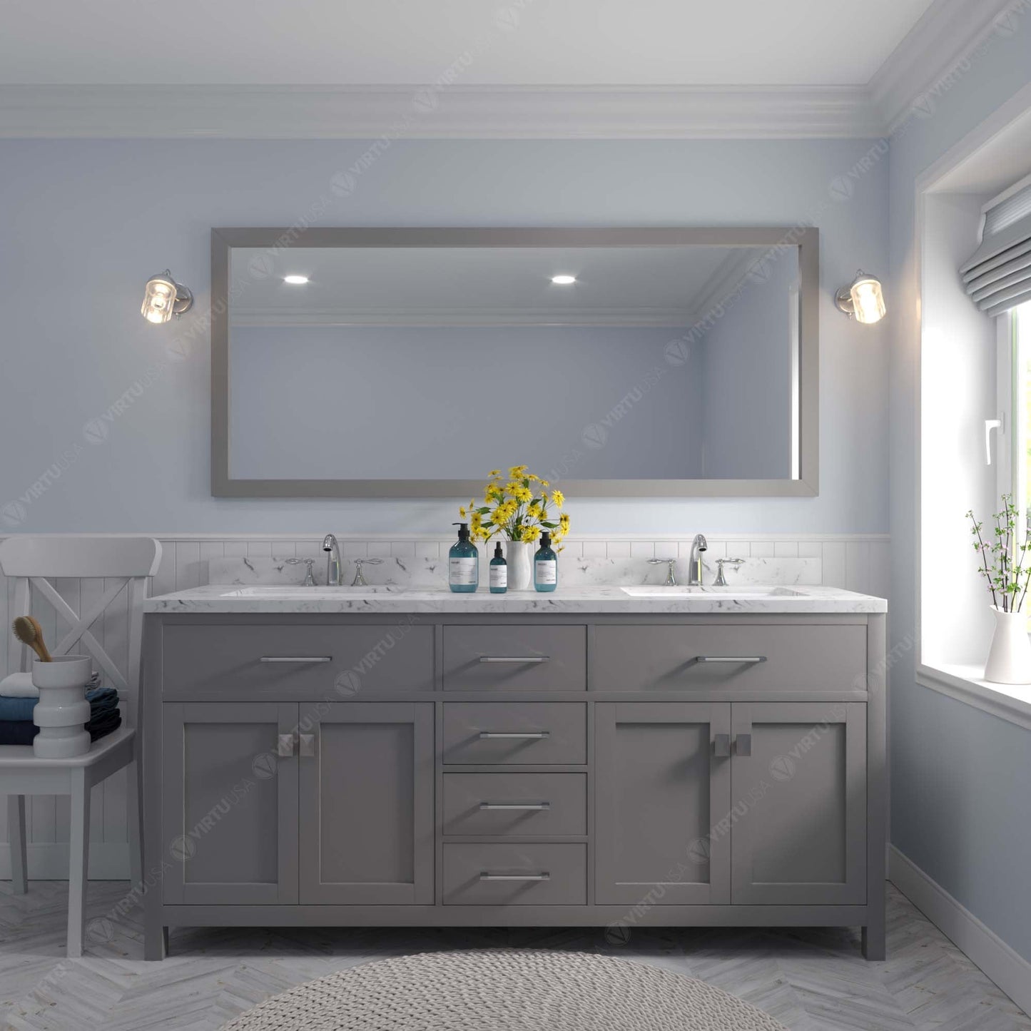 Caroline 72" Double Bath Vanity in Gray with Cultured Marble Quartz Top and Round Sinks