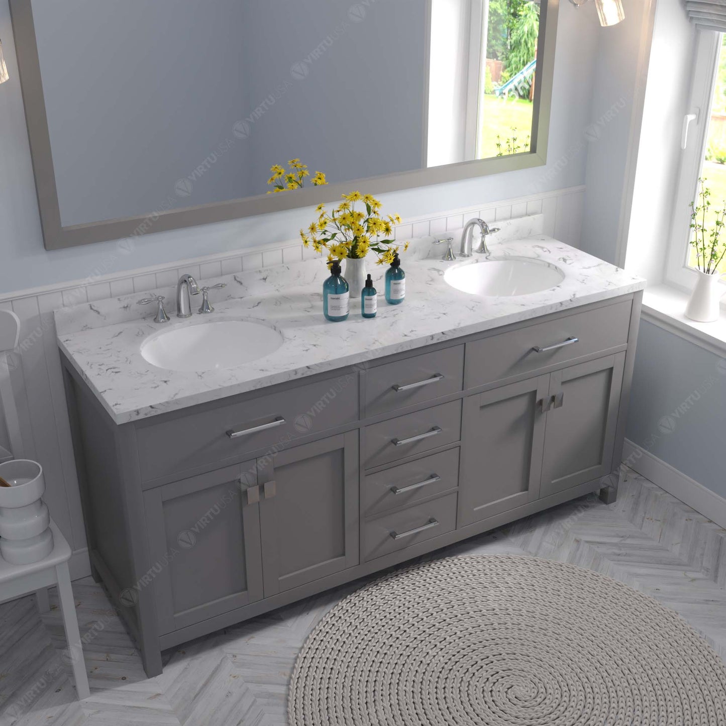 Caroline 72" Double Bath Vanity in Gray with Cultured Marble Quartz Top and Round Sinks