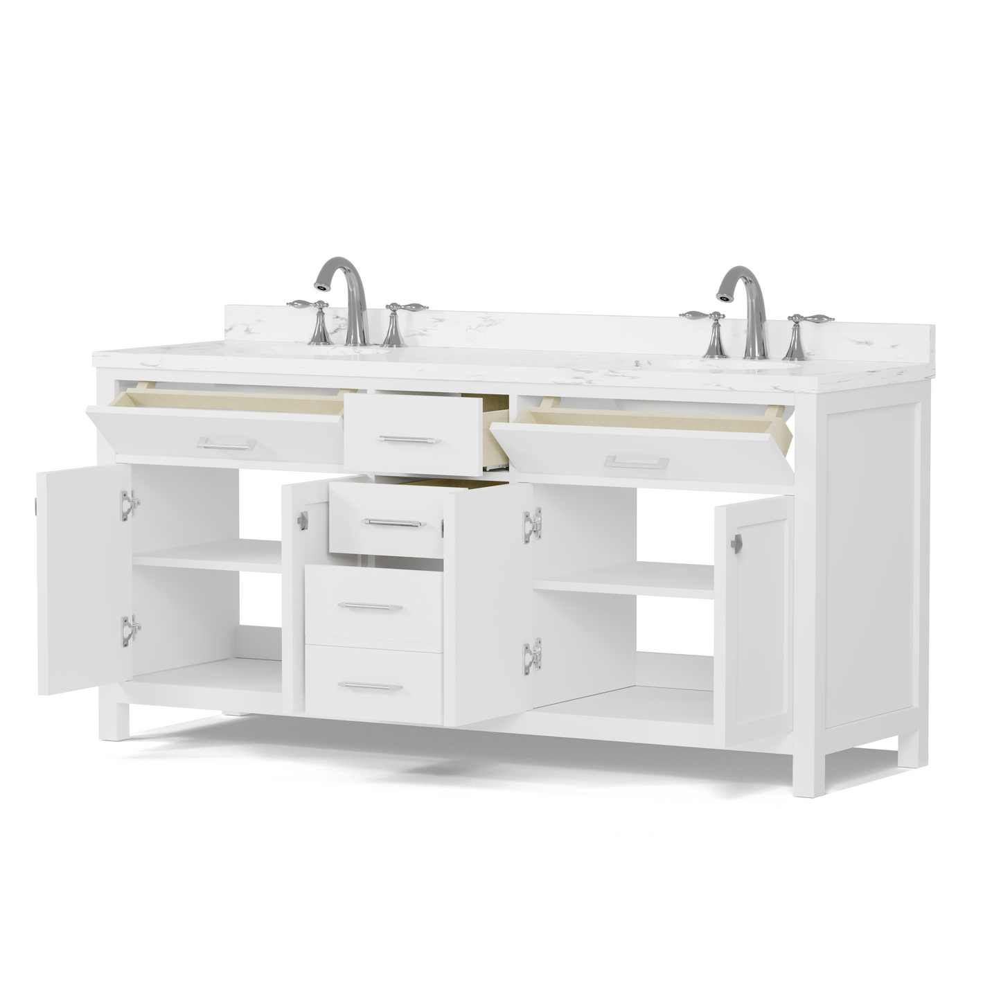 Caroline 72" Double Bath Vanity in White with Cultured Marble Quartz Top and Round Sinks