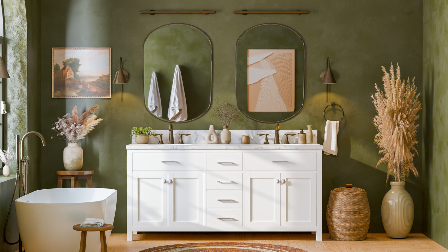 Caroline 72" Double Bath Vanity in White with Cultured Marble Quartz Top and Round Sinks