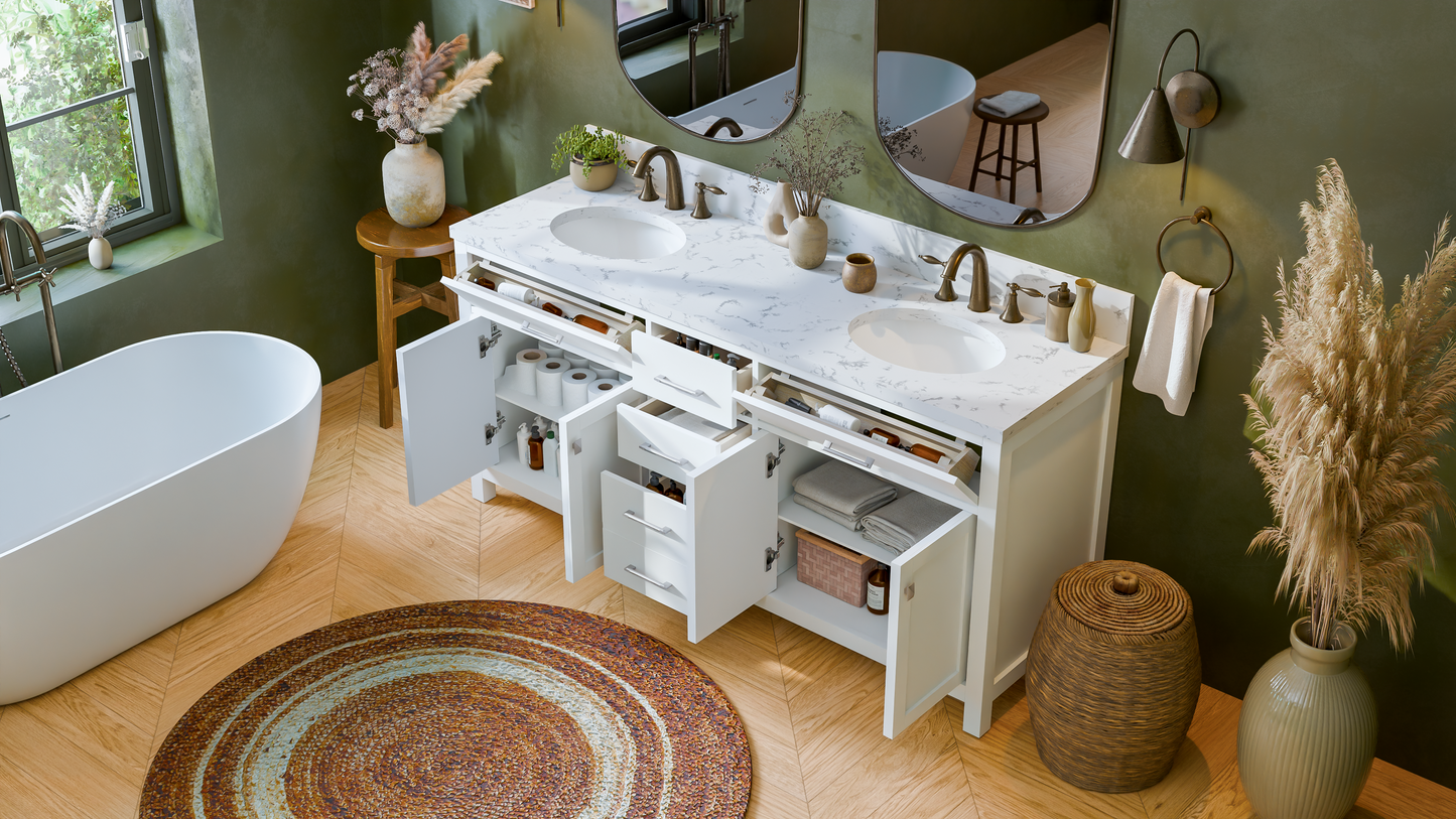 Caroline 72" Double Bath Vanity in White with Cultured Marble Quartz Top and Round Sinks