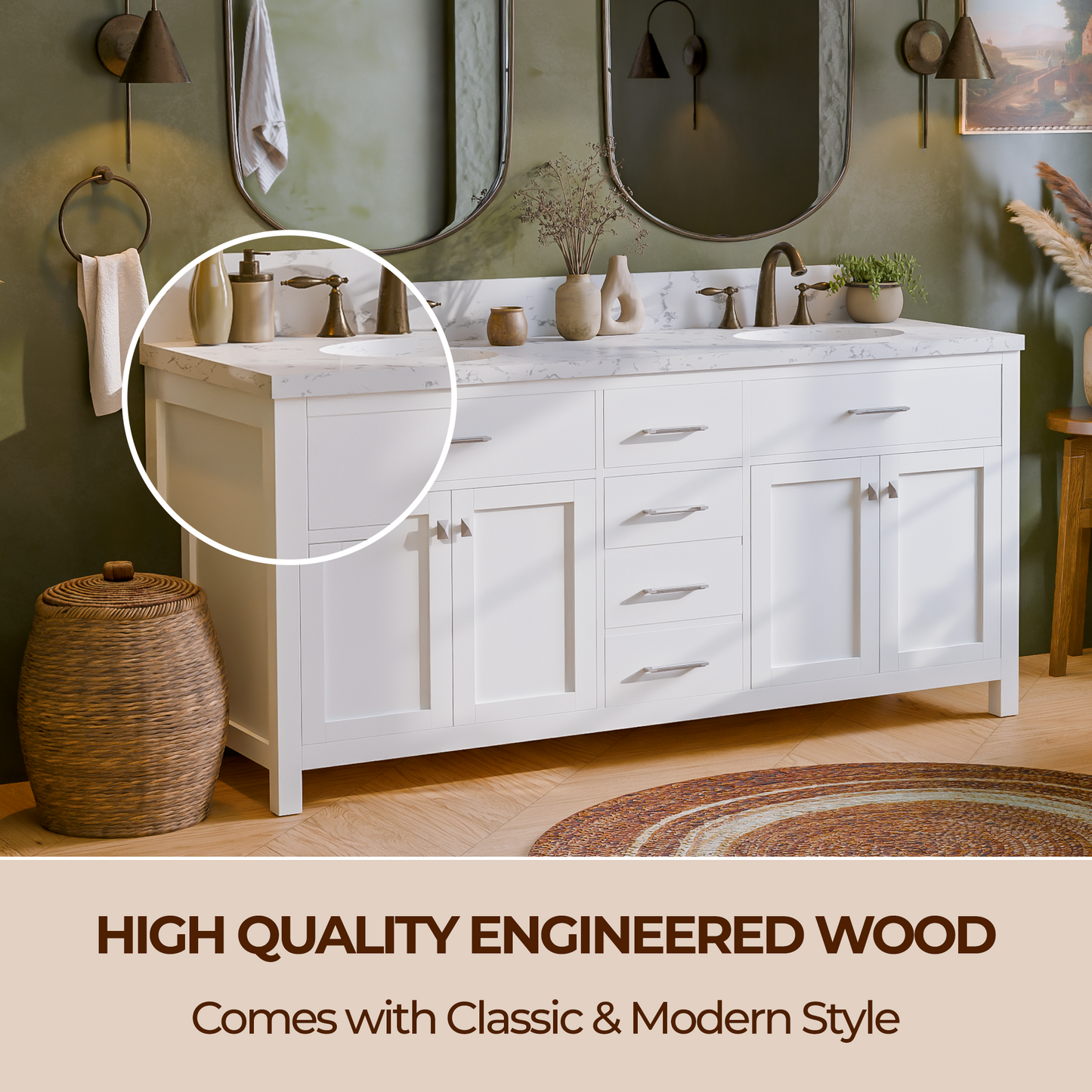 Caroline 72" Double Bath Vanity in White with Cultured Marble Quartz Top and Round Sinks
