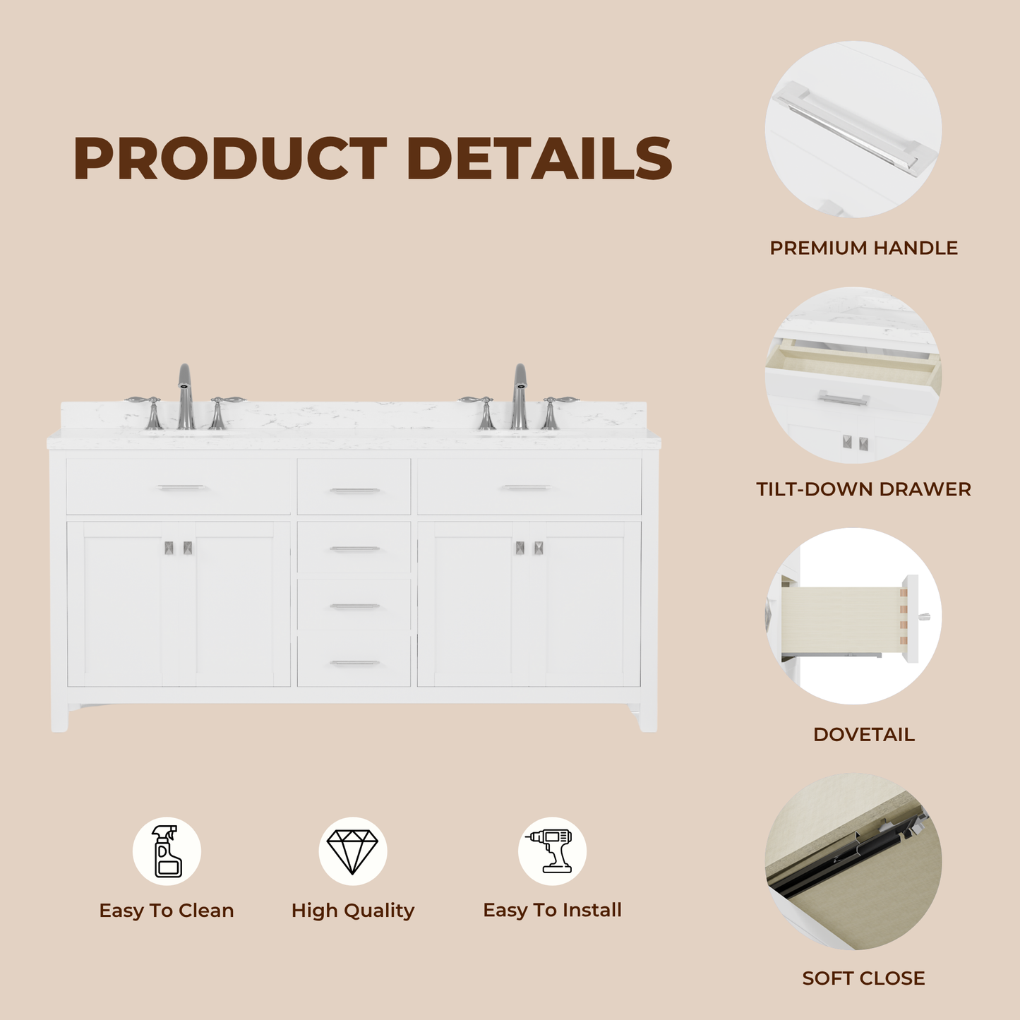 Caroline 72" Double Bath Vanity in White with Cultured Marble Quartz Top and Round Sinks