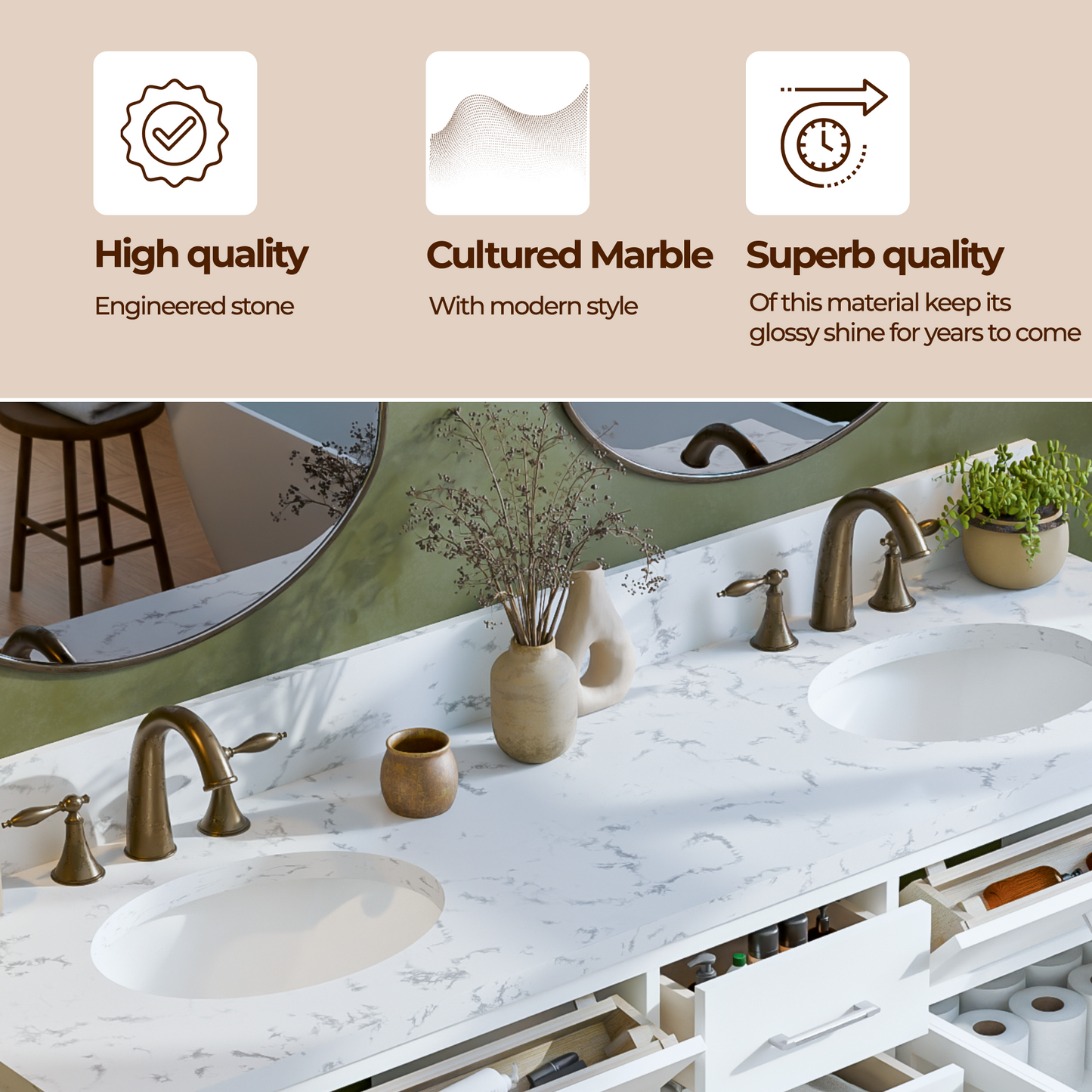 Caroline 72" Double Bath Vanity in White with Cultured Marble Quartz Top and Round Sinks