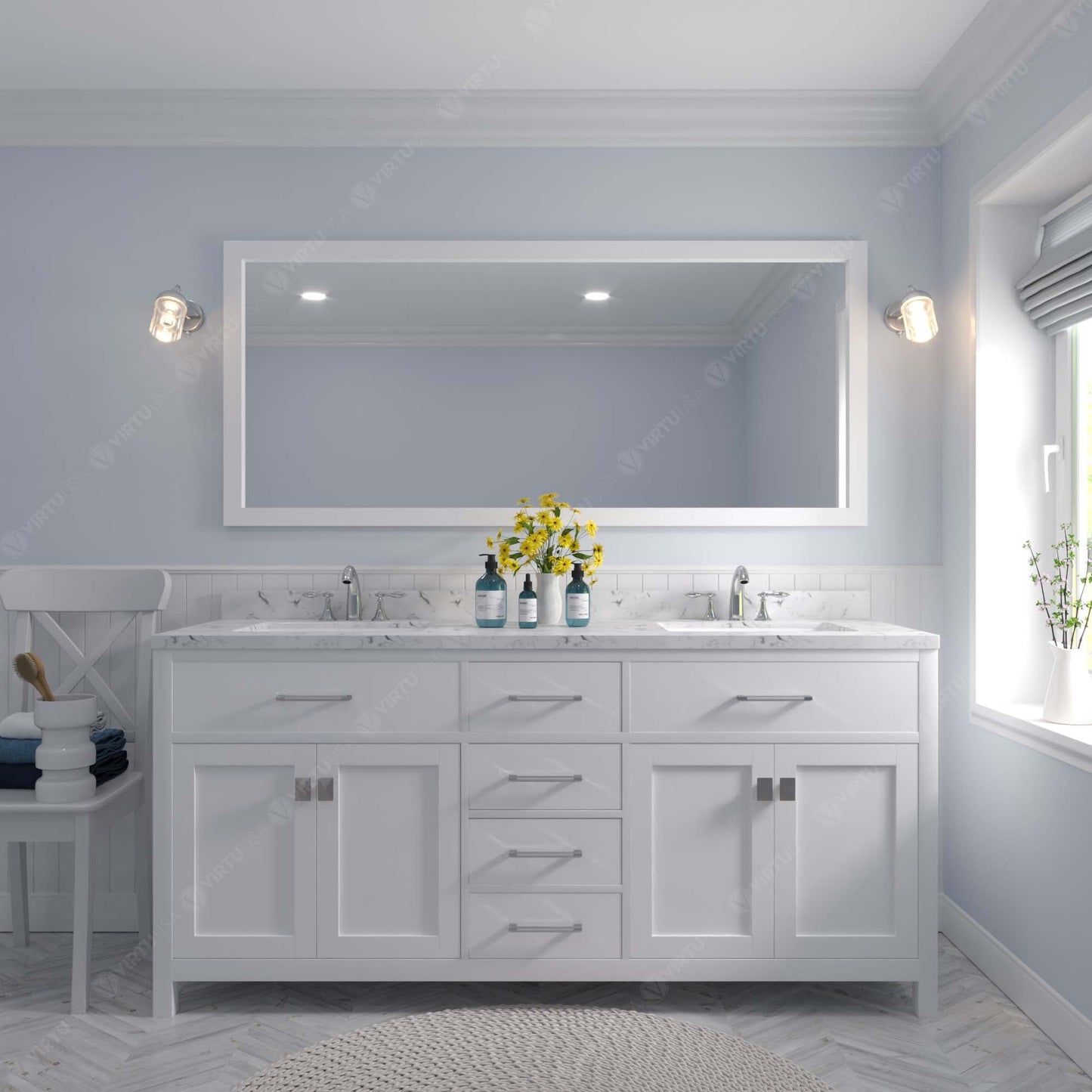Caroline 72" Double Bath Vanity in White with Cultured Marble Quartz Top and Square Sinks