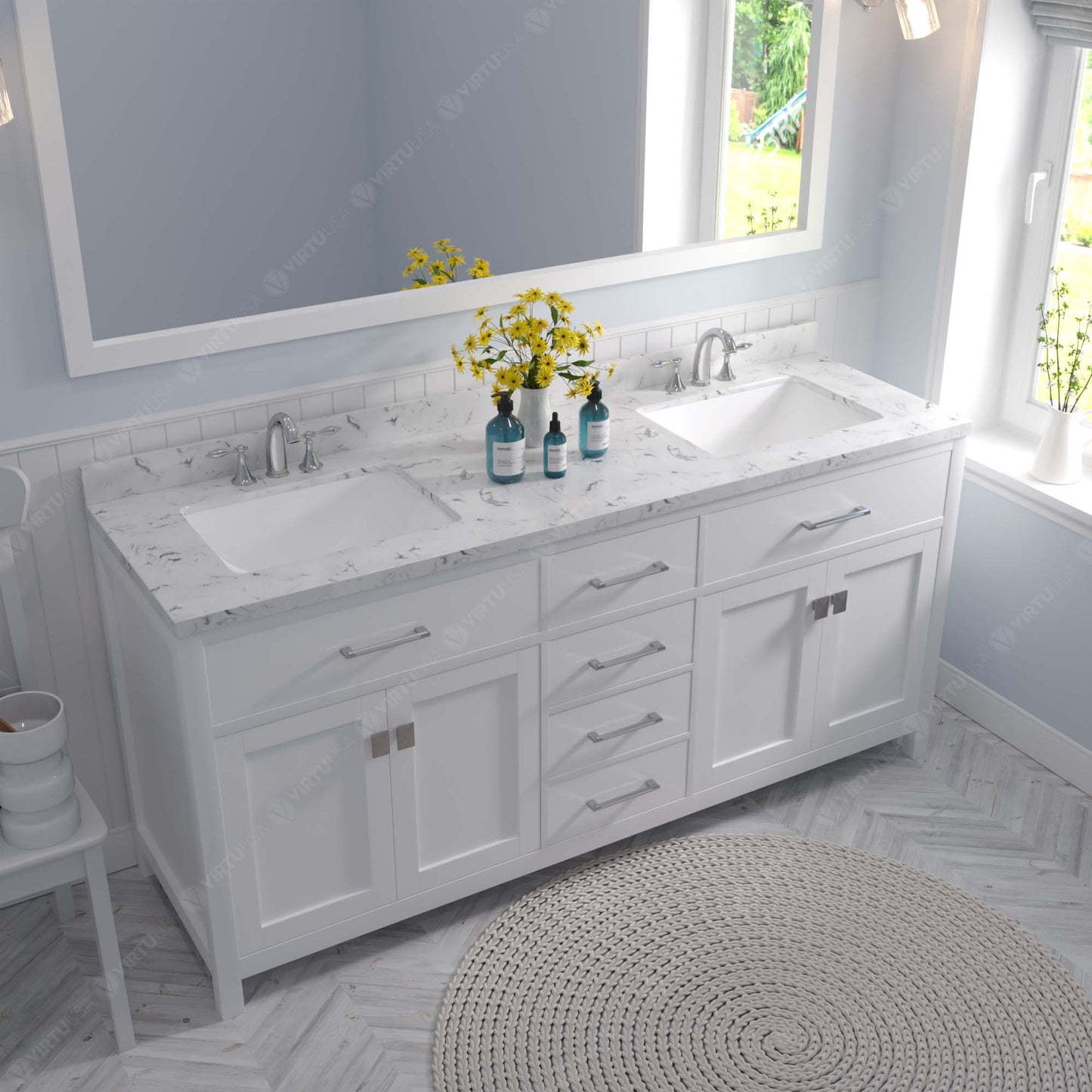Caroline 72" Double Bath Vanity in White with Cultured Marble Quartz Top and Square Sinks