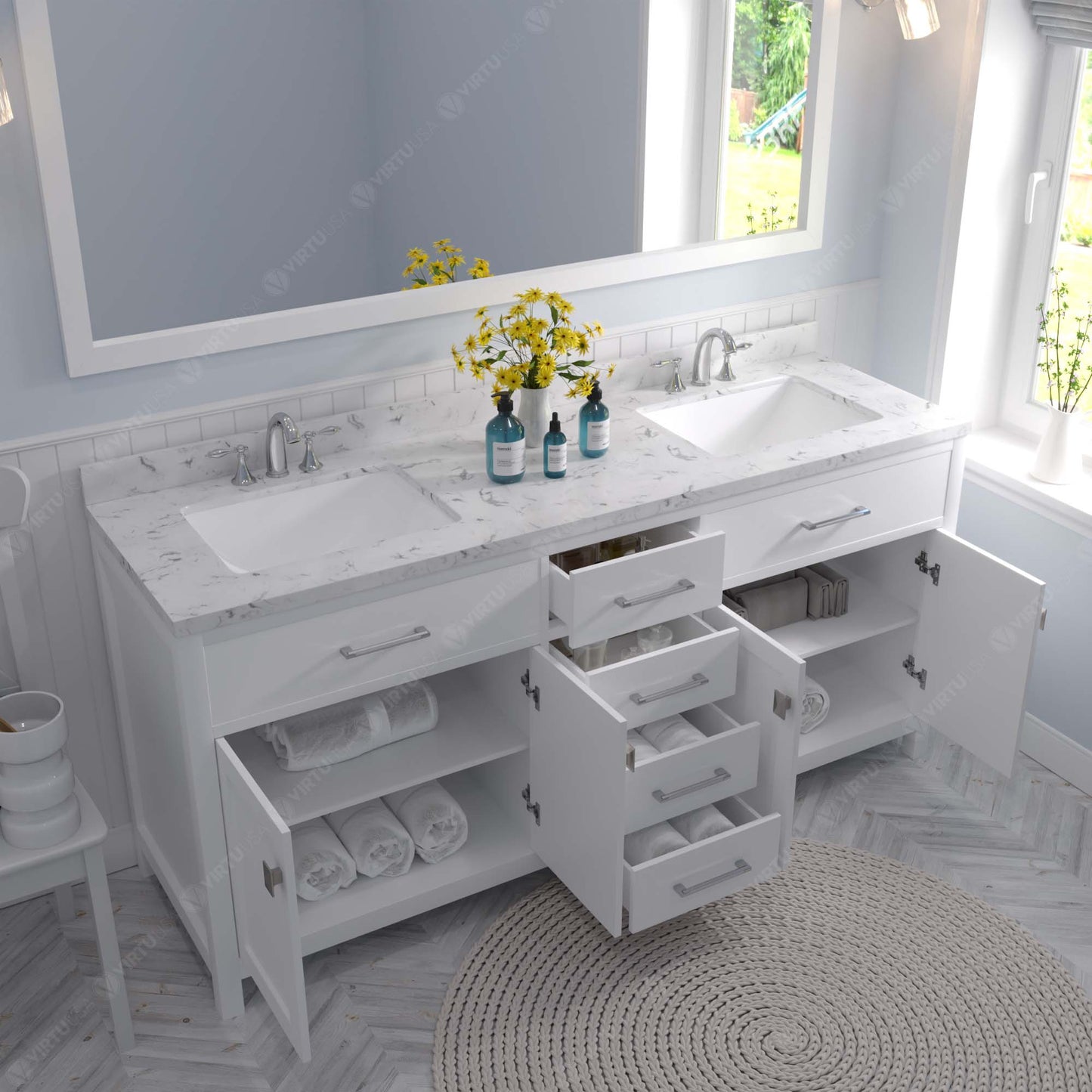 Caroline 72" Double Bath Vanity in White with Cultured Marble Quartz Top and Square Sinks