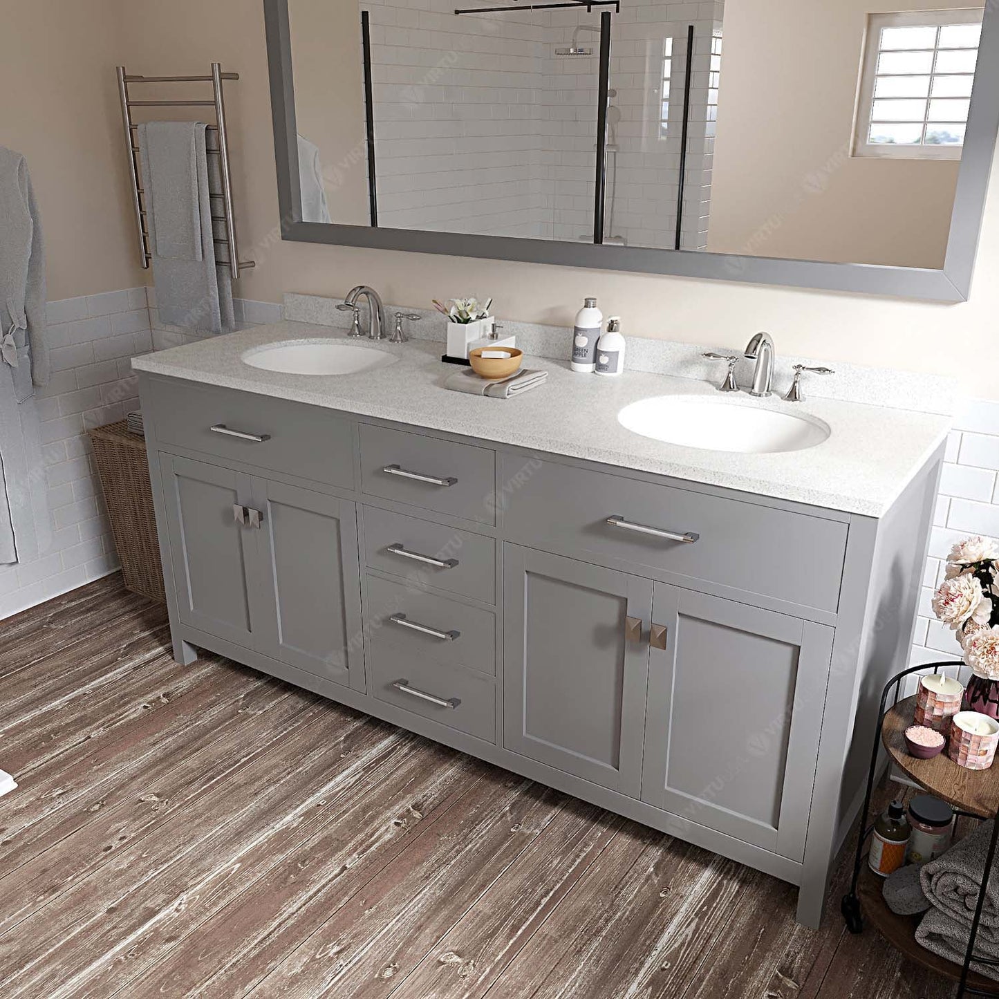 Caroline 72" Double Bath Vanity in Gray with White Quartz Top and Round Sinks