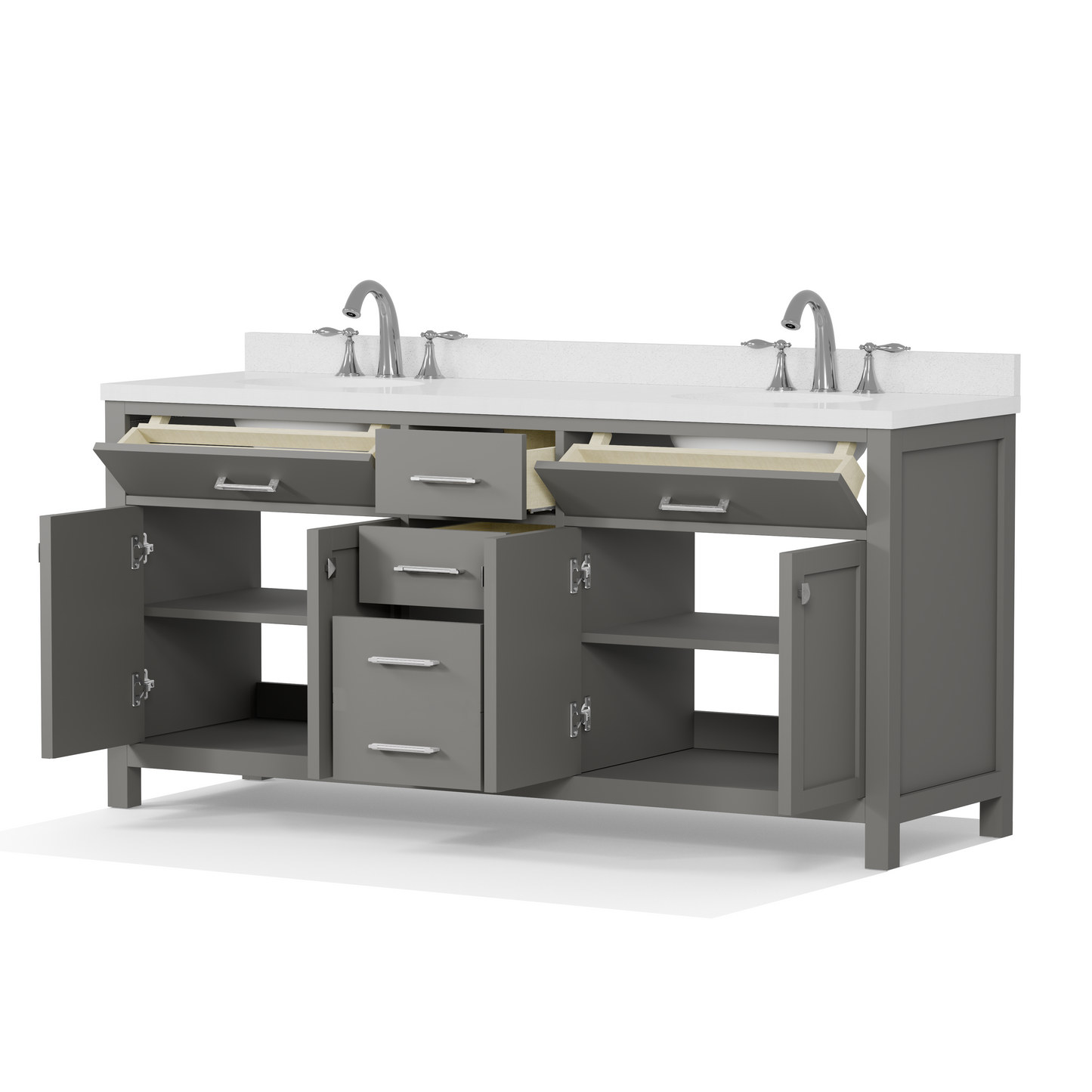 Caroline 72" Double Bath Vanity in Gray with White Quartz Top and Round Sinks