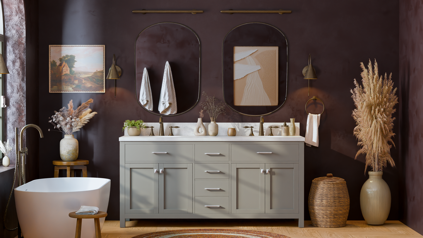 Caroline 72" Double Bath Vanity in Gray with White Quartz Top and Round Sinks