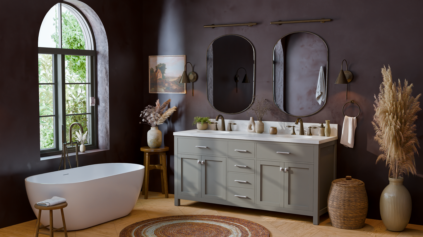 Caroline 72" Double Bath Vanity in Gray with White Quartz Top and Round Sinks