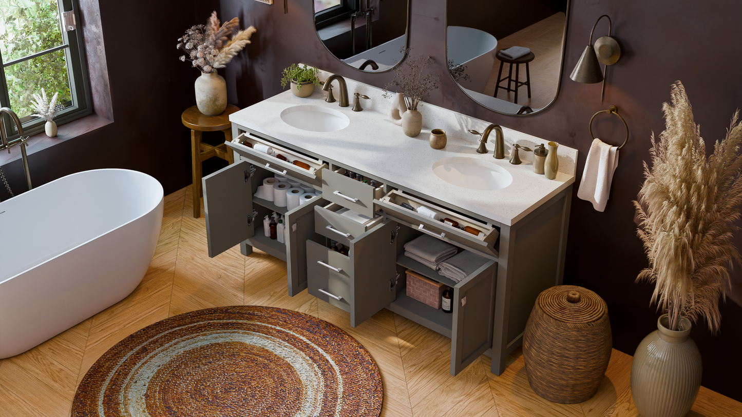 Caroline 72" Double Bath Vanity in Gray with White Quartz Top and Round Sinks