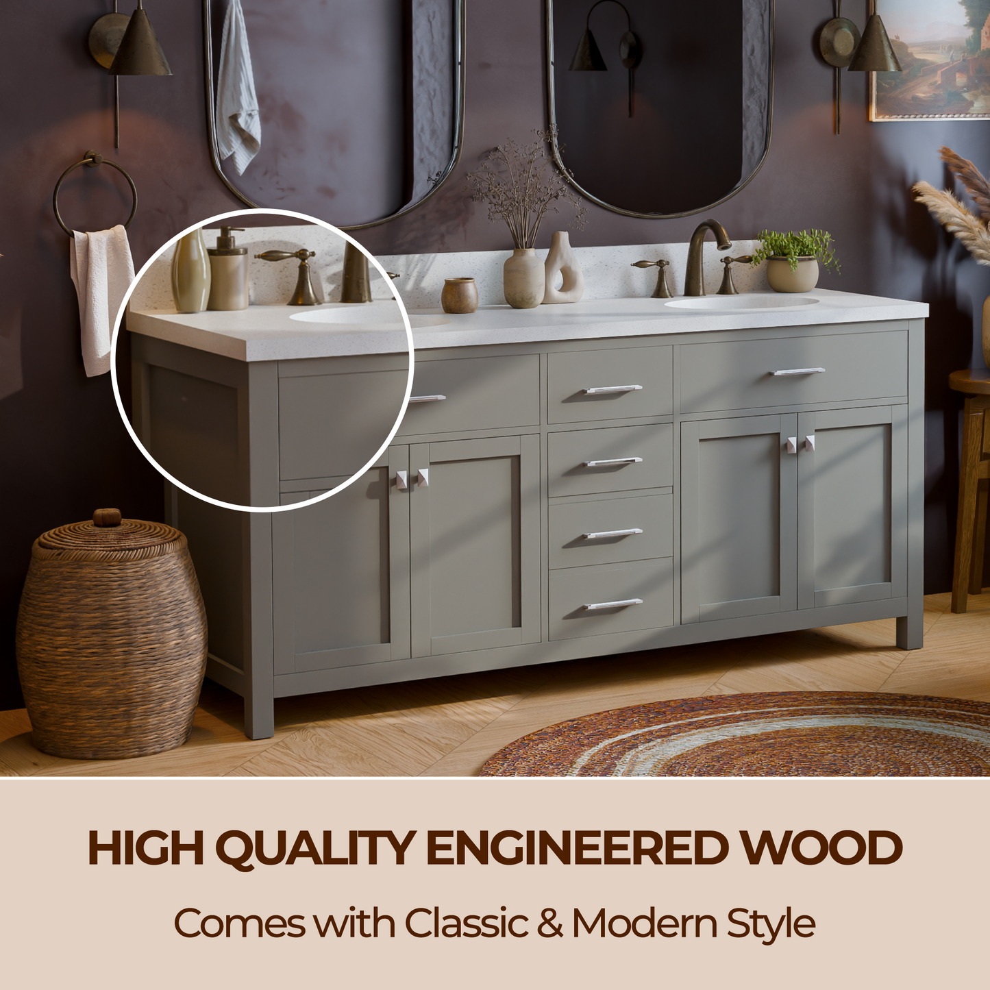 Caroline 72" Double Bath Vanity in Gray with White Quartz Top and Round Sinks