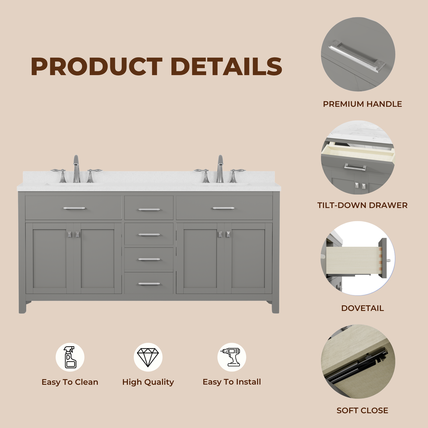 Caroline 72" Double Bath Vanity in Gray with White Quartz Top and Round Sinks