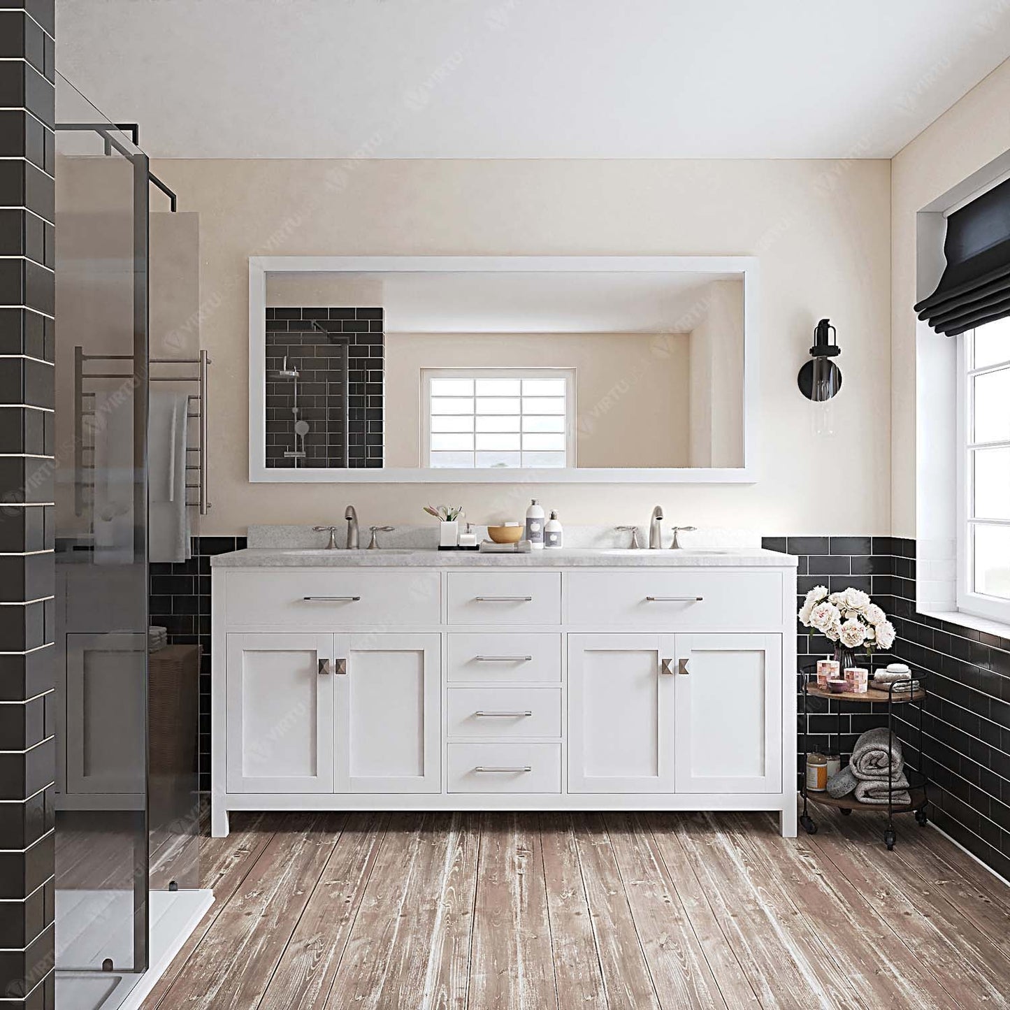 Caroline 72" Double Bath Vanity in White with White Quartz Top and Round Sinks