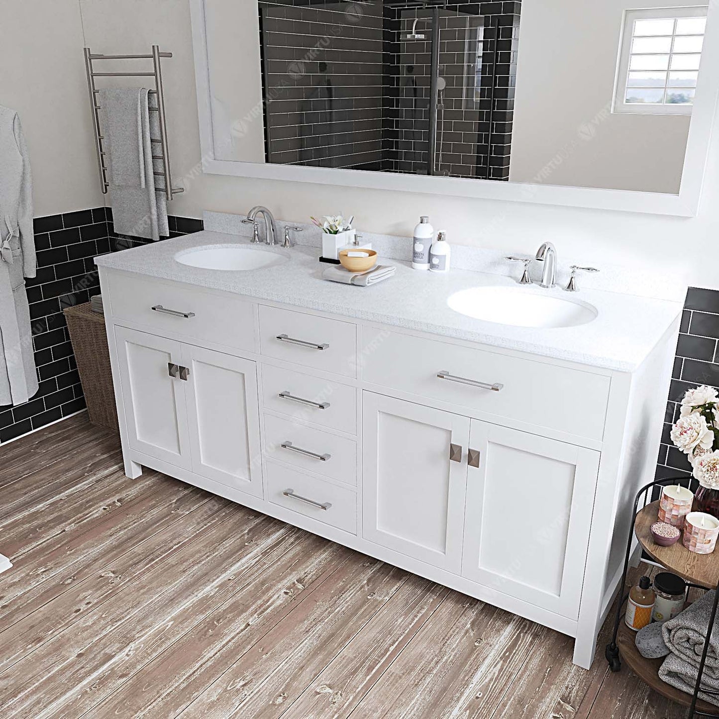 Caroline 72" Double Bath Vanity in White with White Quartz Top and Round Sinks