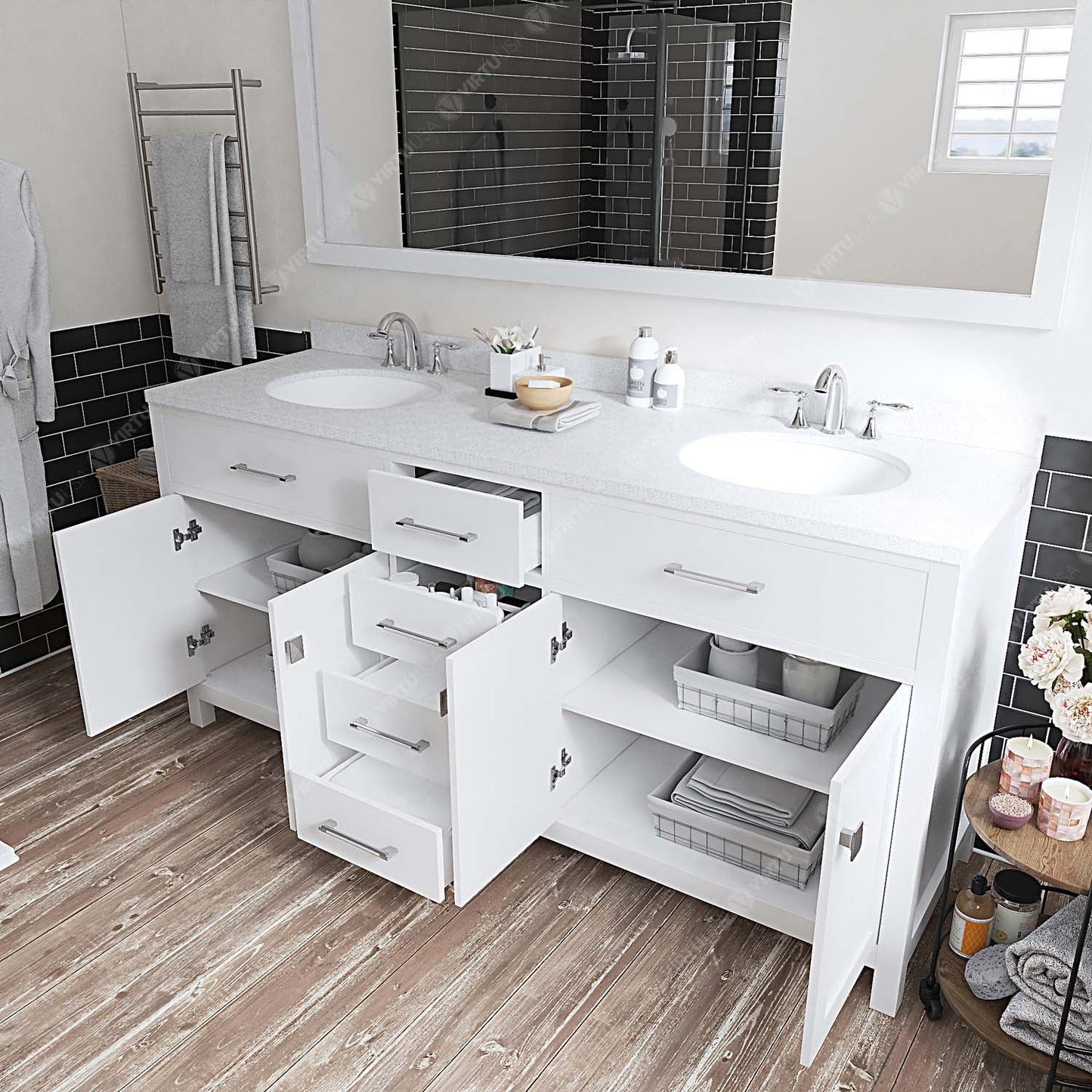 Caroline 72" Double Bath Vanity in White with White Quartz Top and Round Sinks