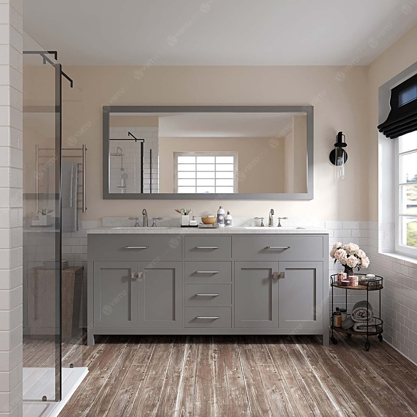 Caroline 72" Double Bath Vanity in Gray with White Quartz Top and Square Sinks