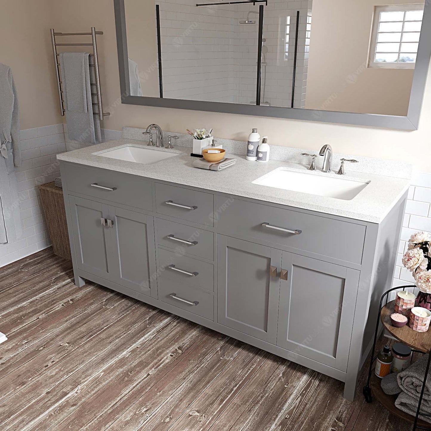 Caroline 72" Double Bath Vanity in Gray with White Quartz Top and Square Sinks