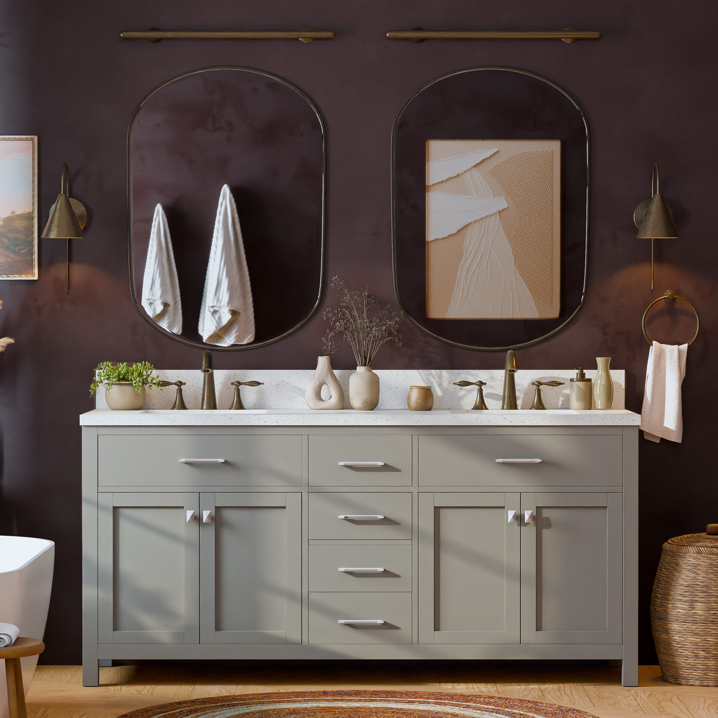 Caroline 72" Double Bath Vanity in Gray with White Quartz Top and Square Sinks