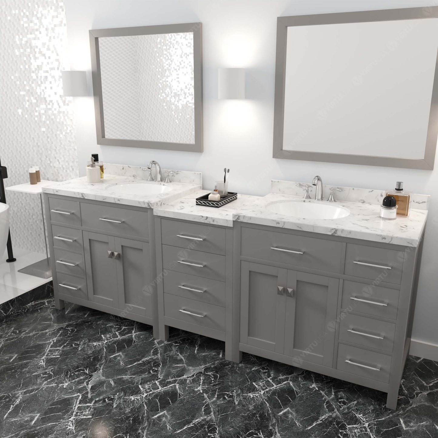 Caroline Parkway 93" Double Bath Vanity in Gray with Cultured Marble Quartz Top and Round Sinks