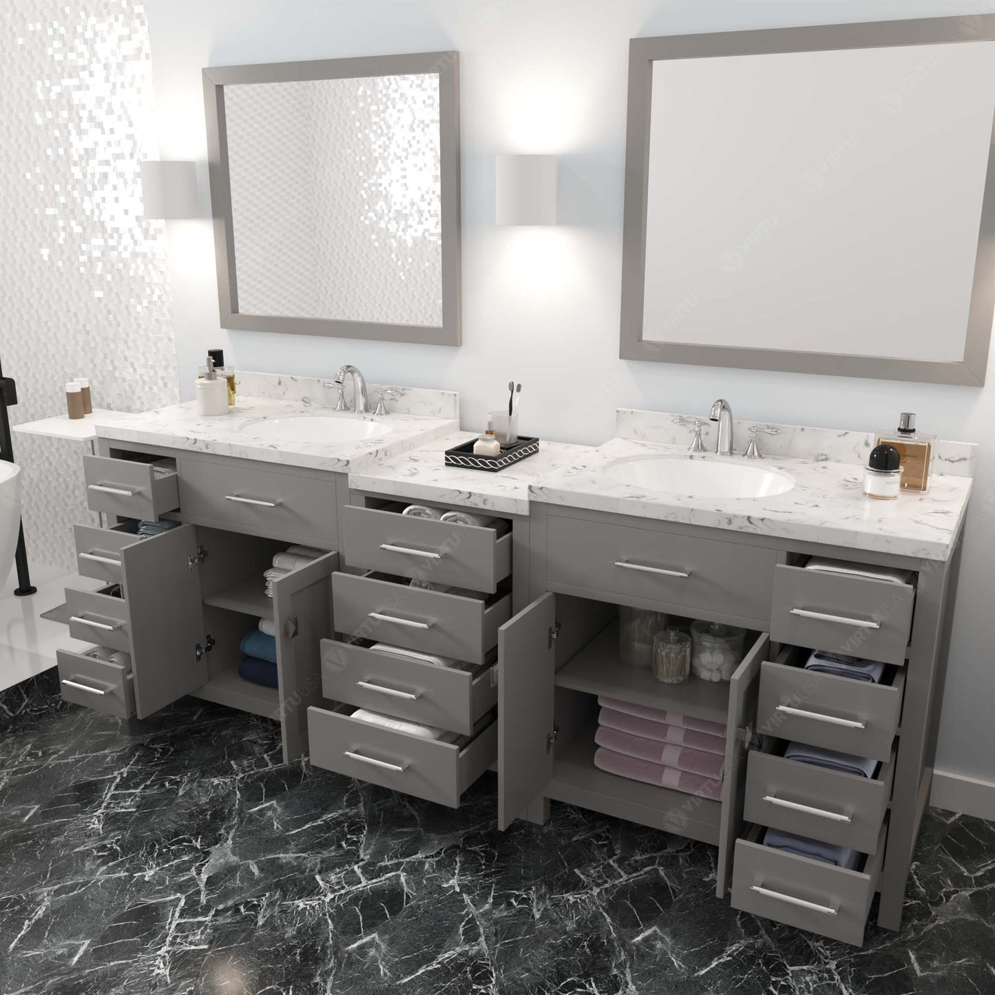 Caroline Parkway 93" Double Bath Vanity in Gray with Cultured Marble Quartz Top and Round Sinks