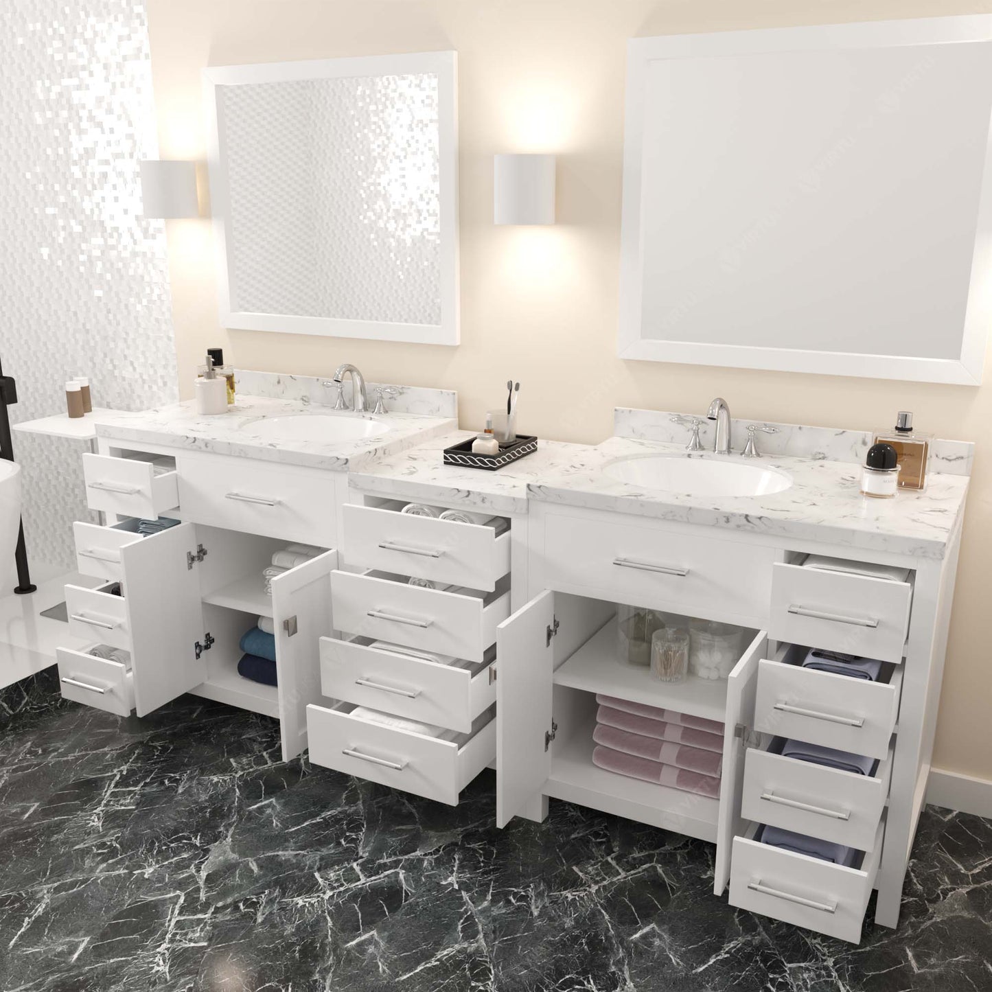 Caroline Parkway 93" Double Bath Vanity in White with Cultured Marble Quartz Top and Round Sinks
