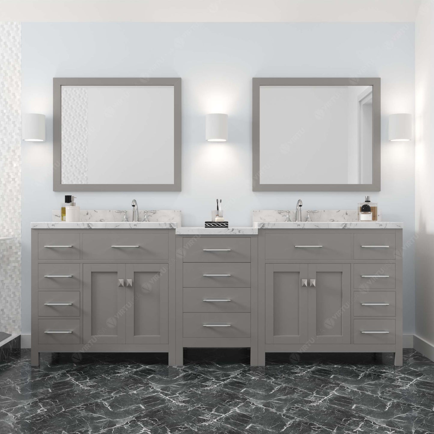 Caroline Parkway 93" Double Bath Vanity in Gray with Cultured Marble Quartz Top and Square Sinks