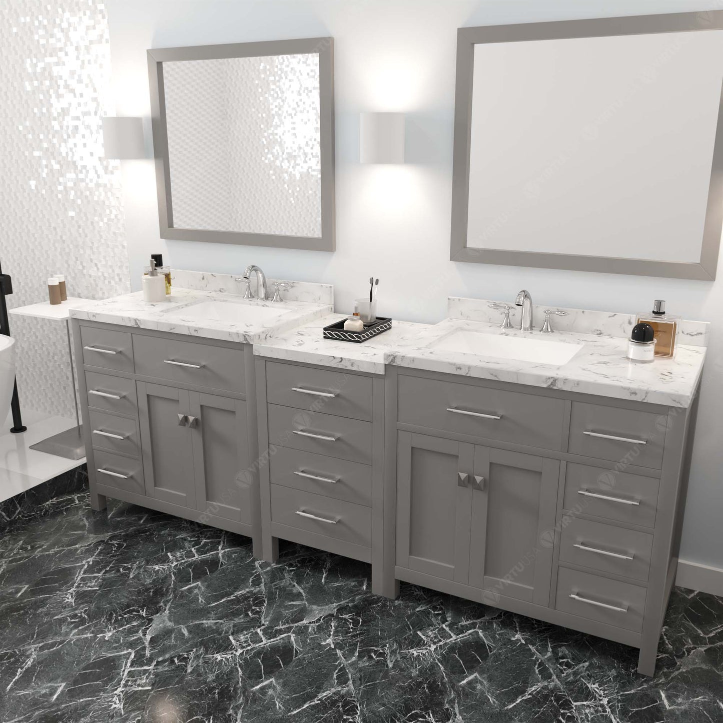 Caroline Parkway 93" Double Bath Vanity in Gray with Cultured Marble Quartz Top and Square Sinks