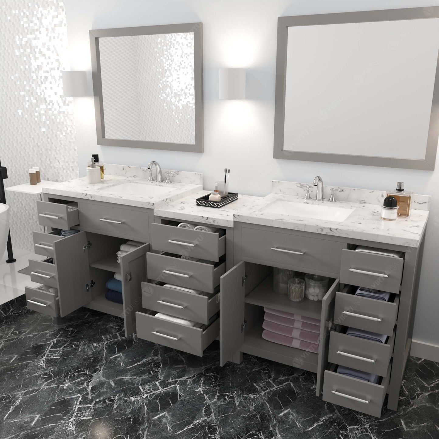 Caroline Parkway 93" Double Bath Vanity in Gray with Cultured Marble Quartz Top and Square Sinks