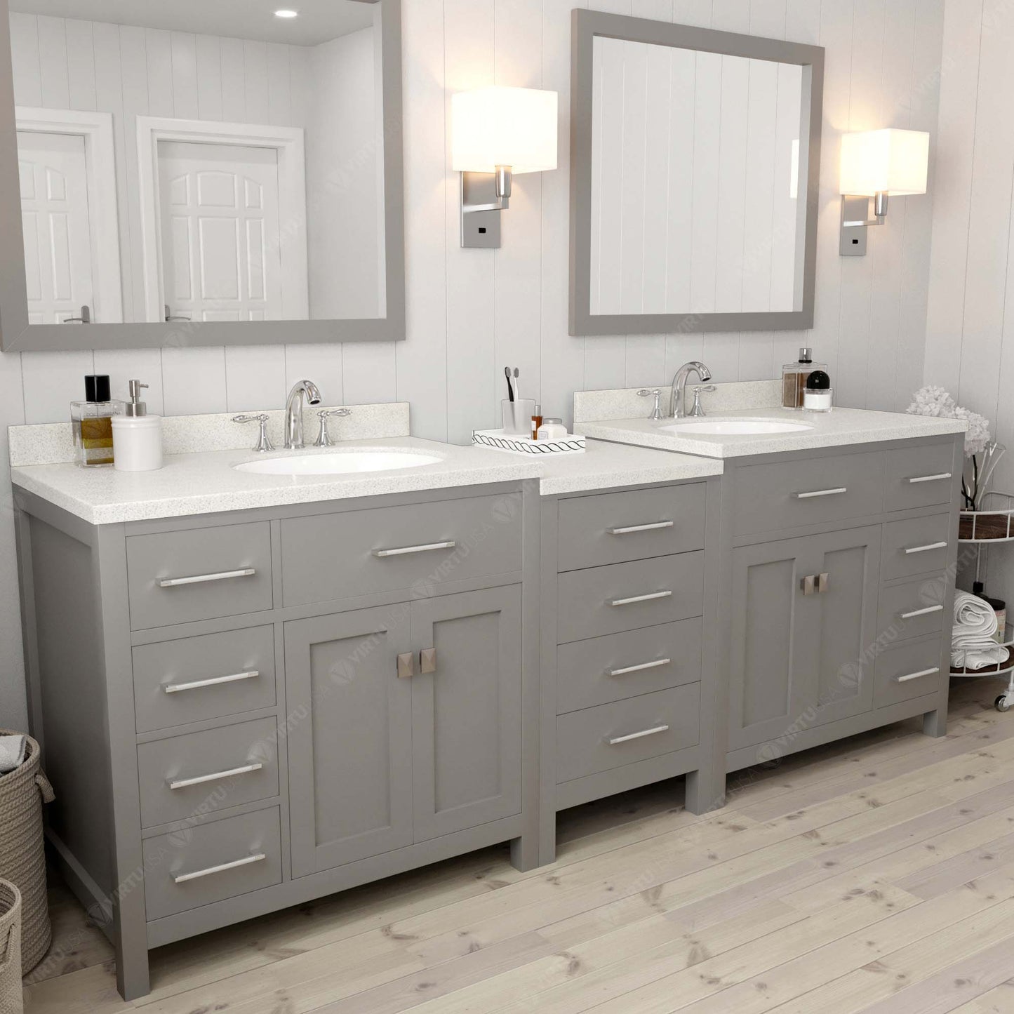 Caroline Parkway 93" Double Bath Vanity in Gray with White Quartz Top and Round Sinks