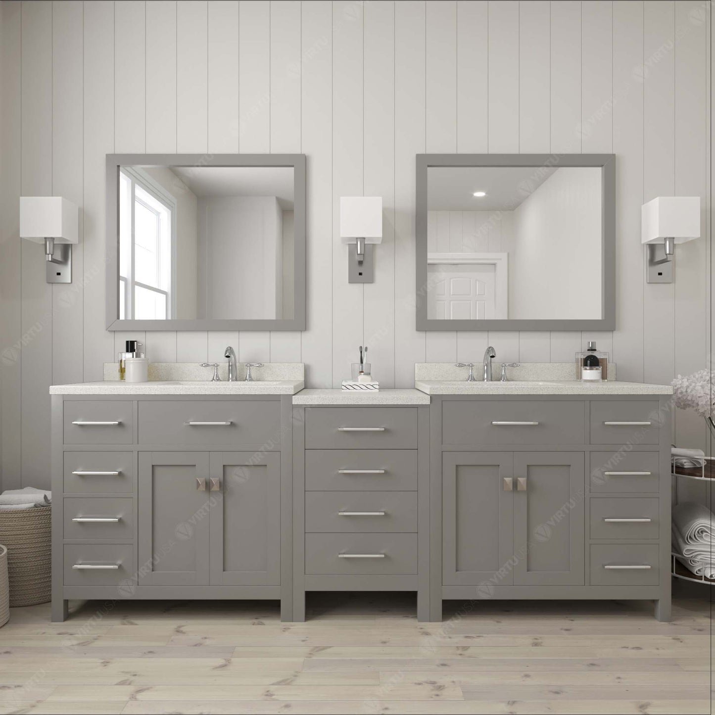 Caroline Parkway 93" Double Bath Vanity in Gray with White Quartz Top and Square Sinks