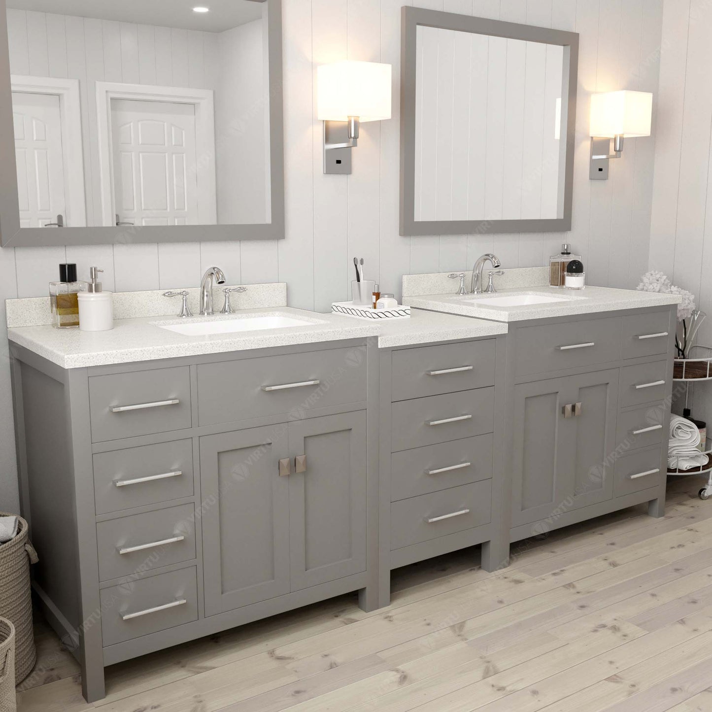 Caroline Parkway 93" Double Bath Vanity in Gray with White Quartz Top and Square Sinks