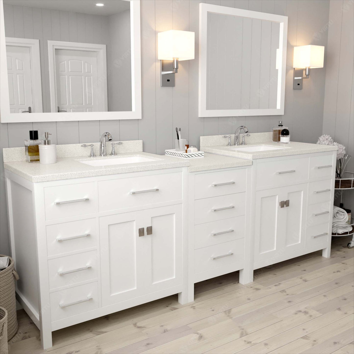 Caroline Parkway 93" Double Bath Vanity in White with White Quartz Top and Square Sinks