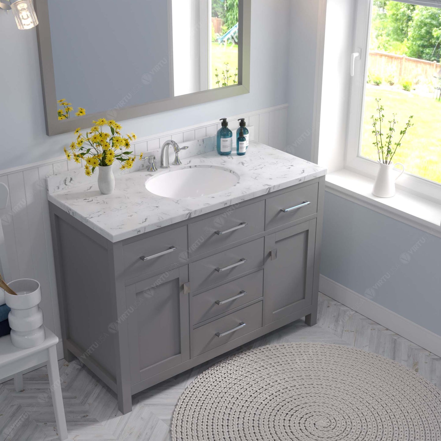 Caroline 48" Single Bath Vanity in Gray with Cultured Marble Quartz Top and Round Sink