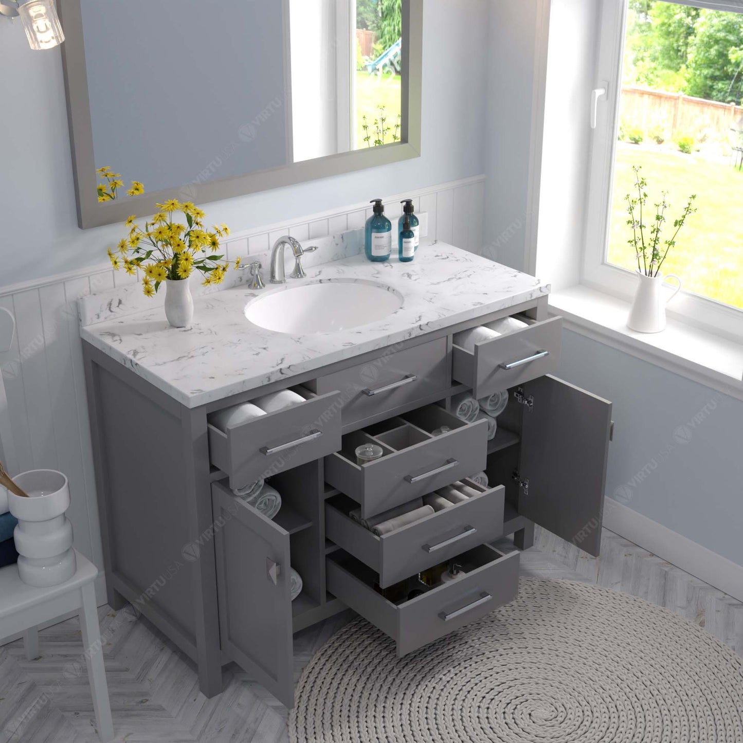 Caroline 48" Single Bath Vanity in Gray with Cultured Marble Quartz Top and Round Sink
