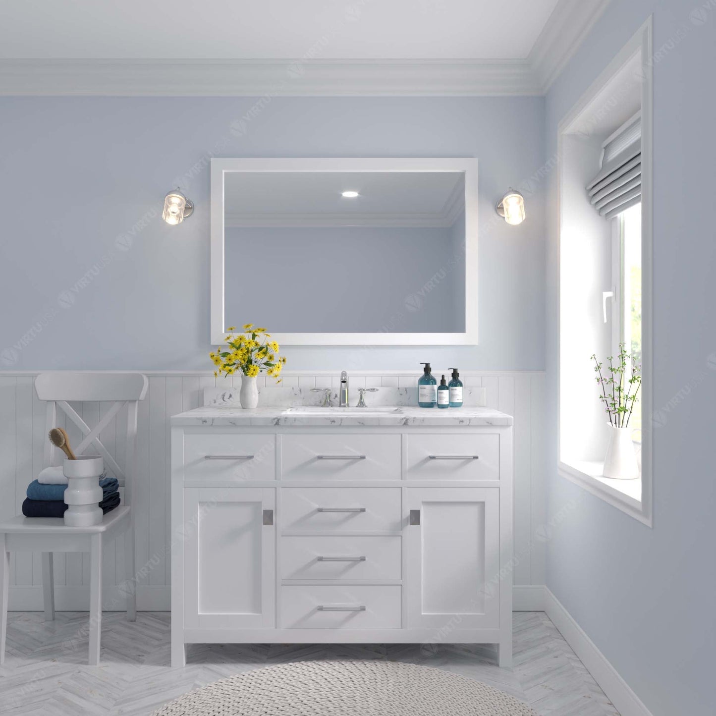 Caroline 48" Single Bath Vanity in White with Cultured Marble Quartz Top and Round Sink