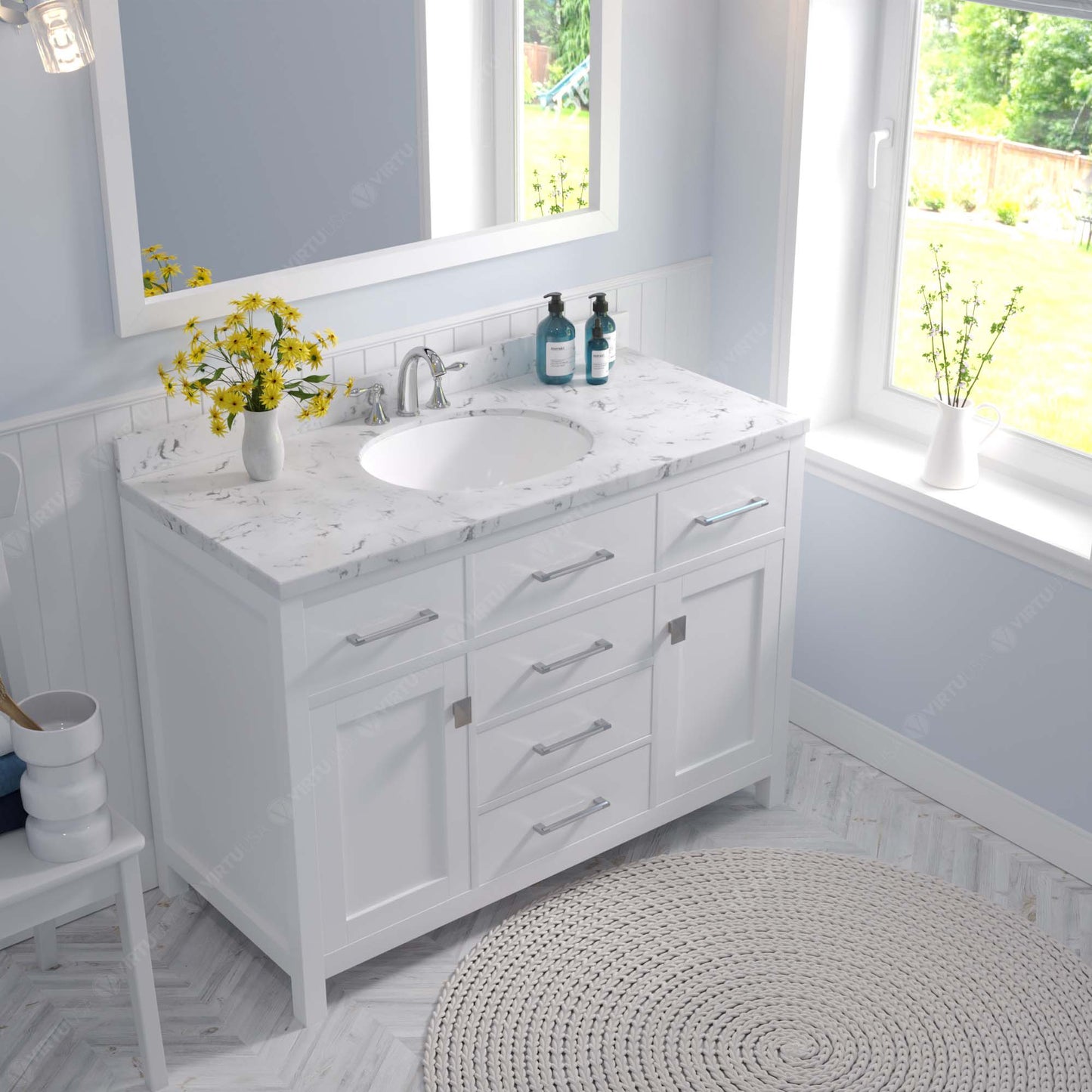 Caroline 48" Single Bath Vanity in White with Cultured Marble Quartz Top and Round Sink